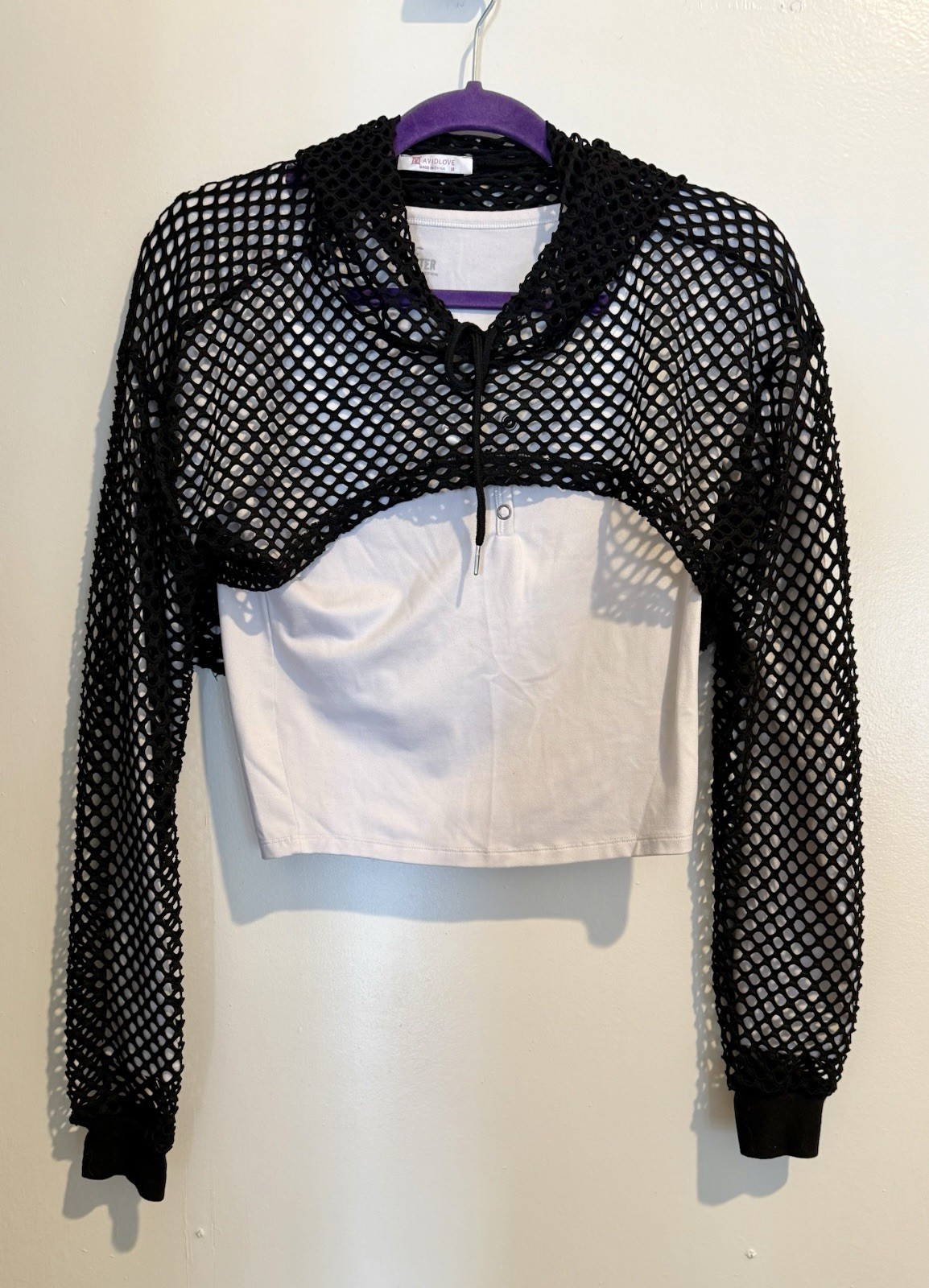 Avidlove Women’s Black Mesh Fishnet Sheer Cropped Hooded Pullover Hoodie Size M