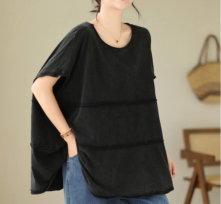 Womens Fashion Summer Retro Round Collar Short Sleeve Loose Shirt Casual T-shirt