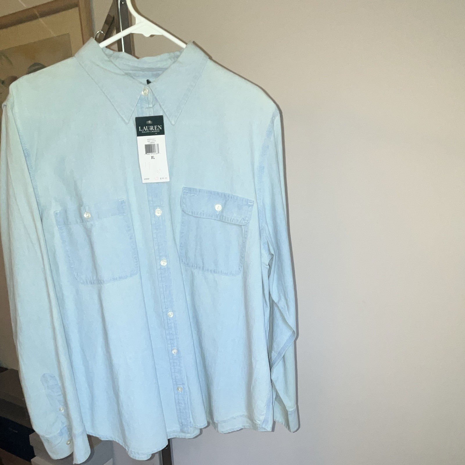 Lauren Ralph Lauren Women’s Blue Chambray Cotton Button-Up Shirt XL Pockets
