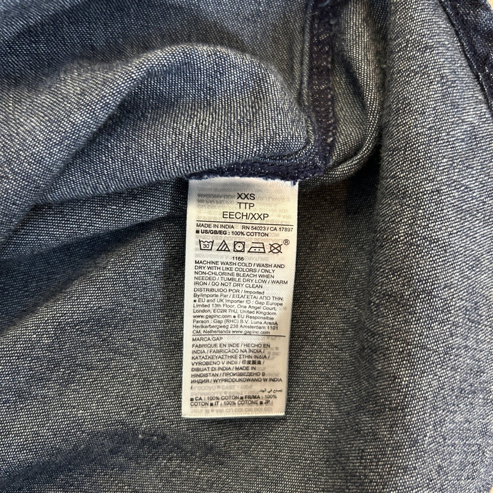 Gap Tailored Dark Wash Denim Tie Neck Blouse XXS Minimalist Career Classic