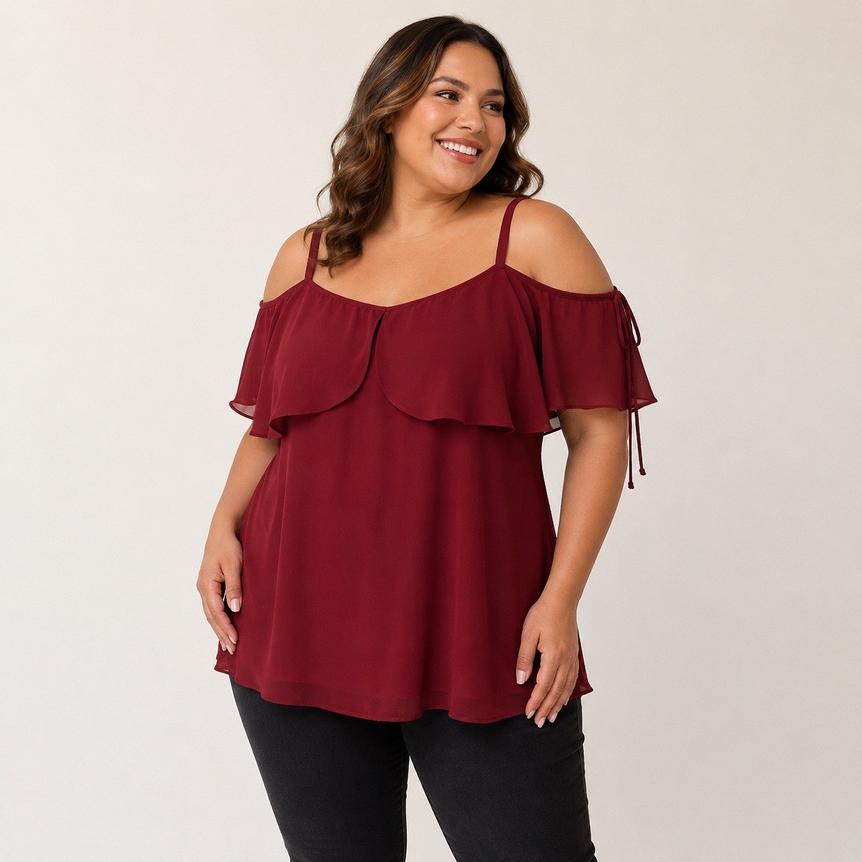 Torrid 2XL Burgundy Cold Shoulder Ruffle Chiffon Blouse Tie Sleeve Top Travel
