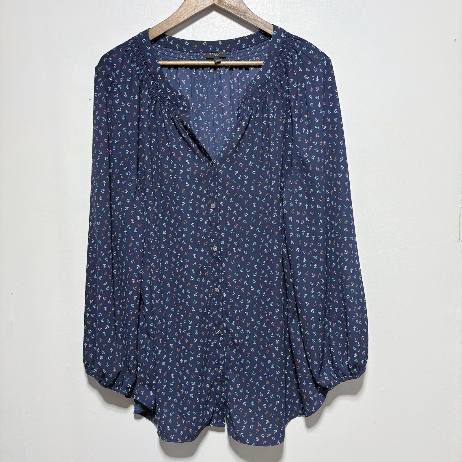 Talbots Blouse Womens 2X Plus Blue Anchors Nautical Smocked Balloon Sleeve Top