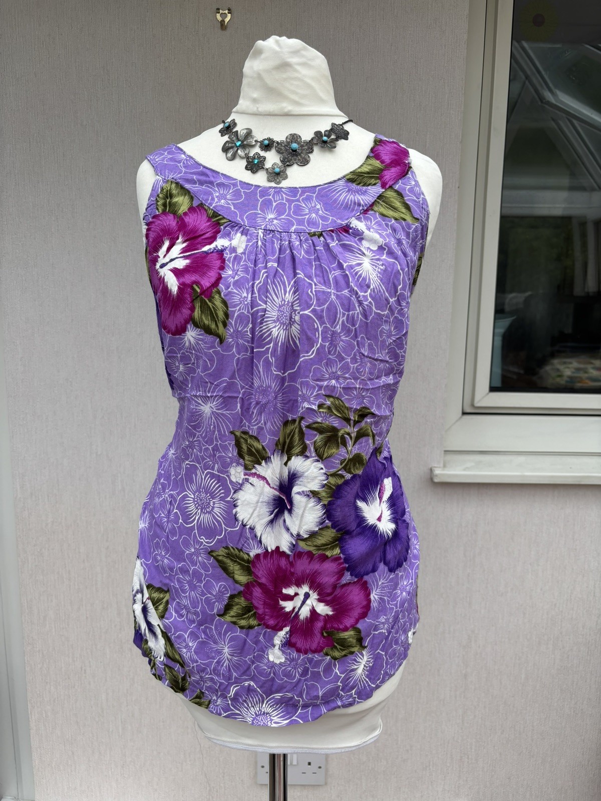Vintage Aloha Fashion Hawaiian Hibiscus Tank Top Purple Rayon Boho UK L Y2K