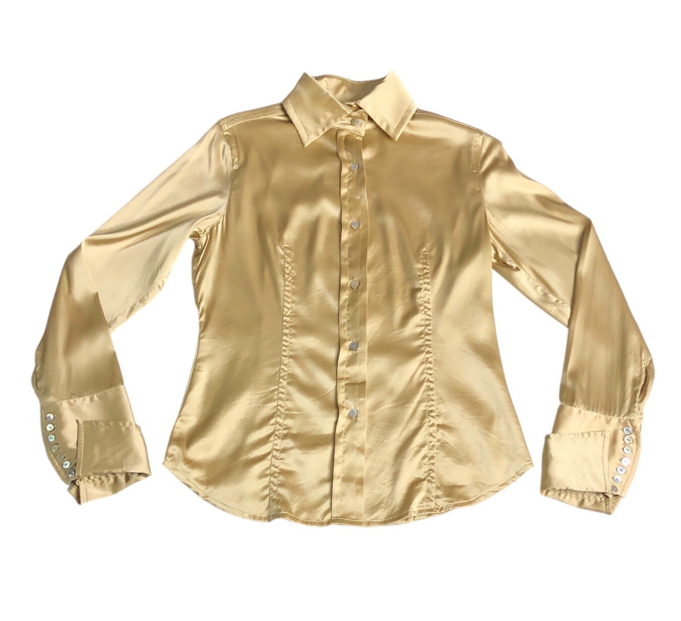 Farinaz Taghavi Silk Blouse Women 6 Gold Button Up Stretch Flip Cuff Career Chic