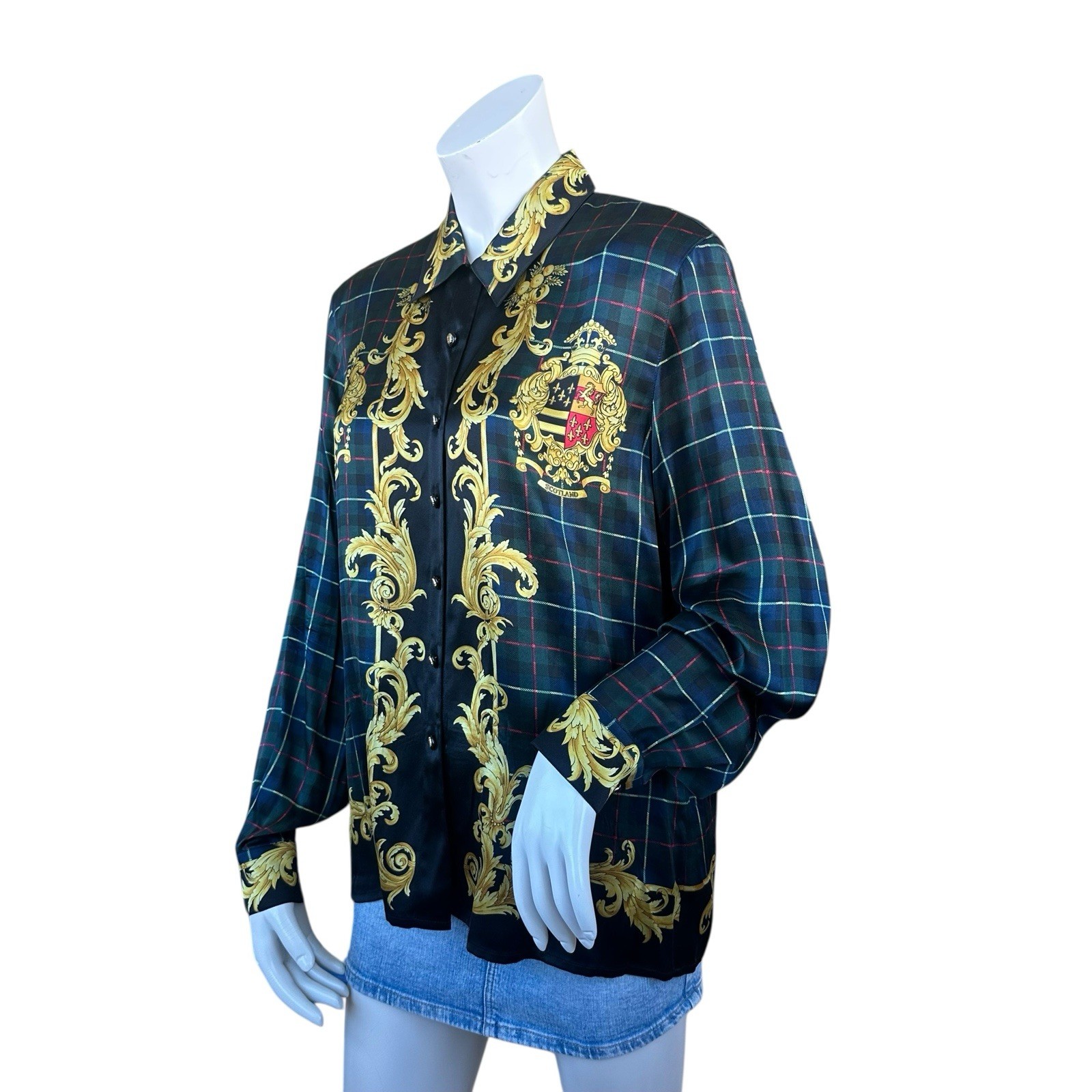Vintage 80s Escada Tartan Scotland Crest Balmoral Castle Silk Blouse EU40 Medium