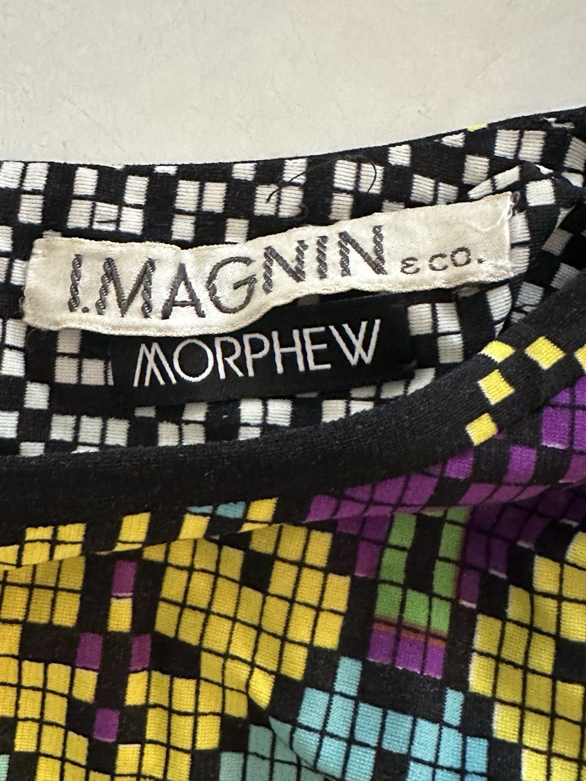 Vintage I.Magnin Graphic Blouse Empire Waist Pixelated B&W Checkerboard Morphew