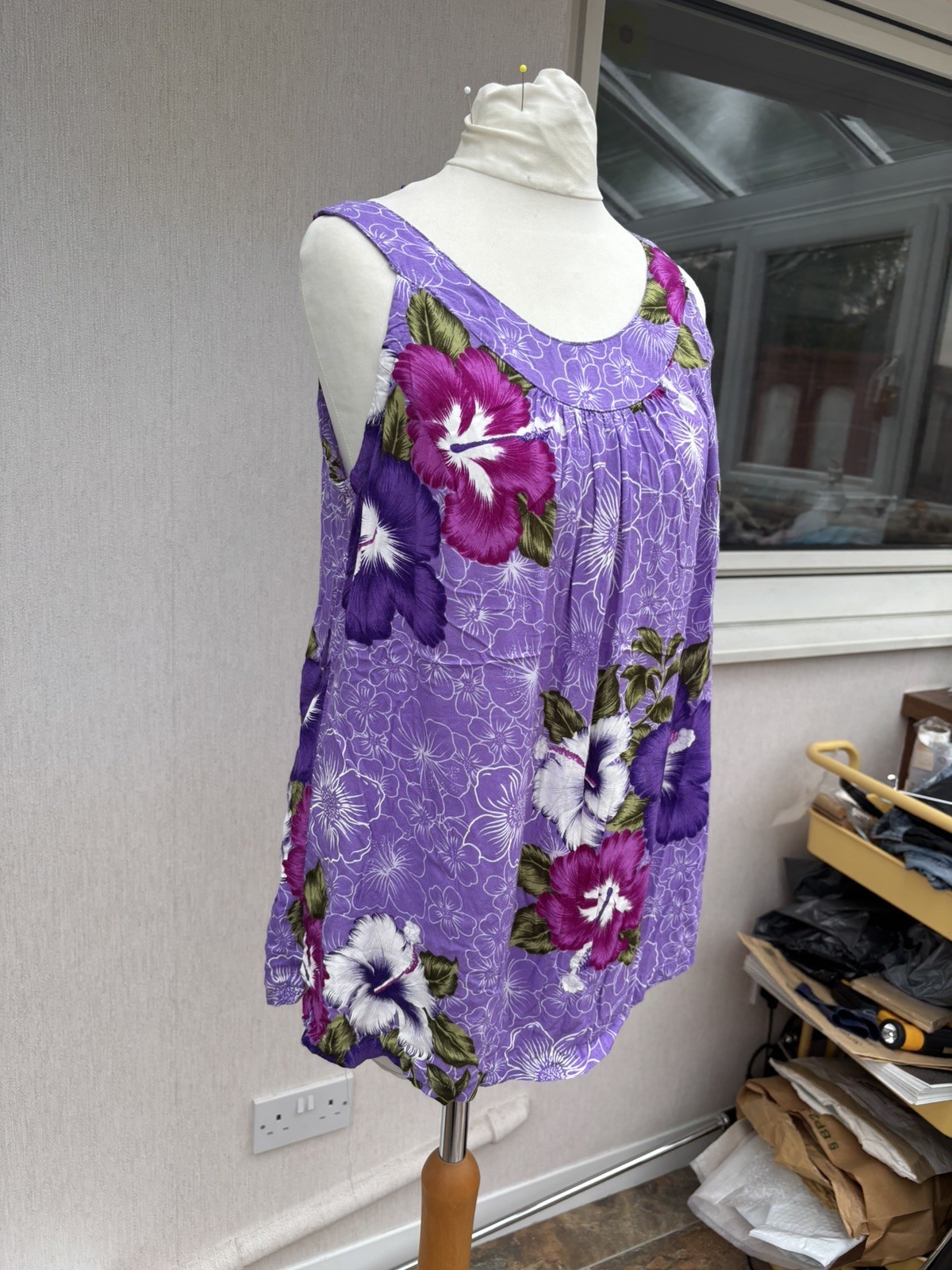 Vintage Aloha Fashion Hawaiian Hibiscus Tank Top Purple Rayon Boho UK L Y2K