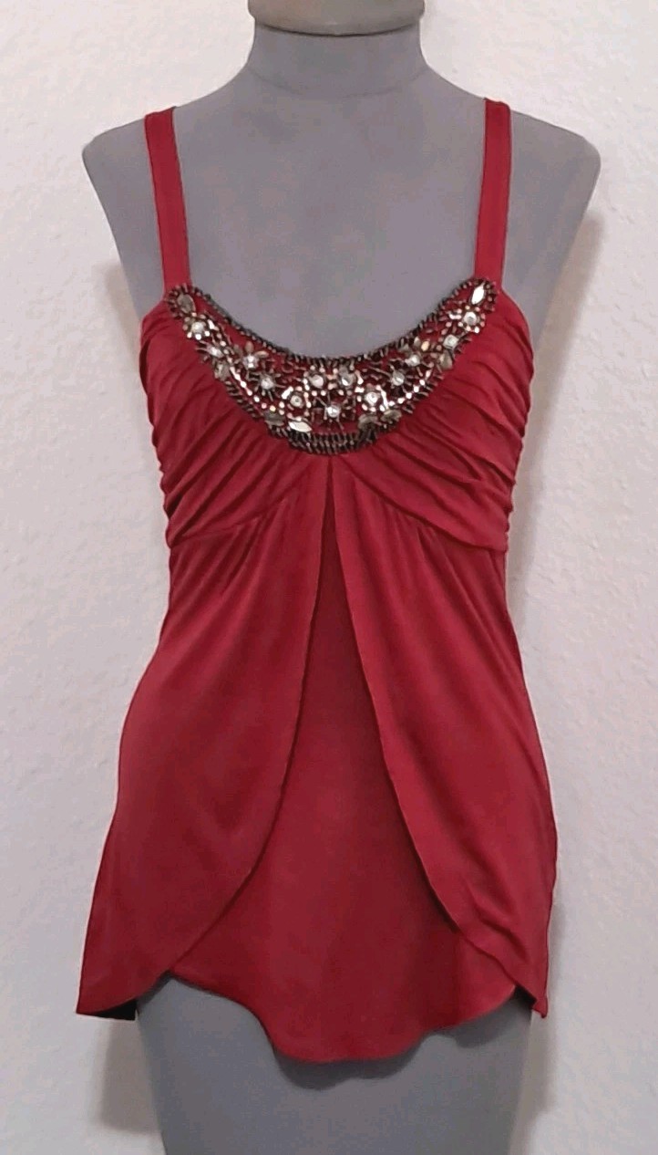 Studio Y Women’s Red Embellished Sleeveless Top Size S Rayon Spandex Beaded Y2K