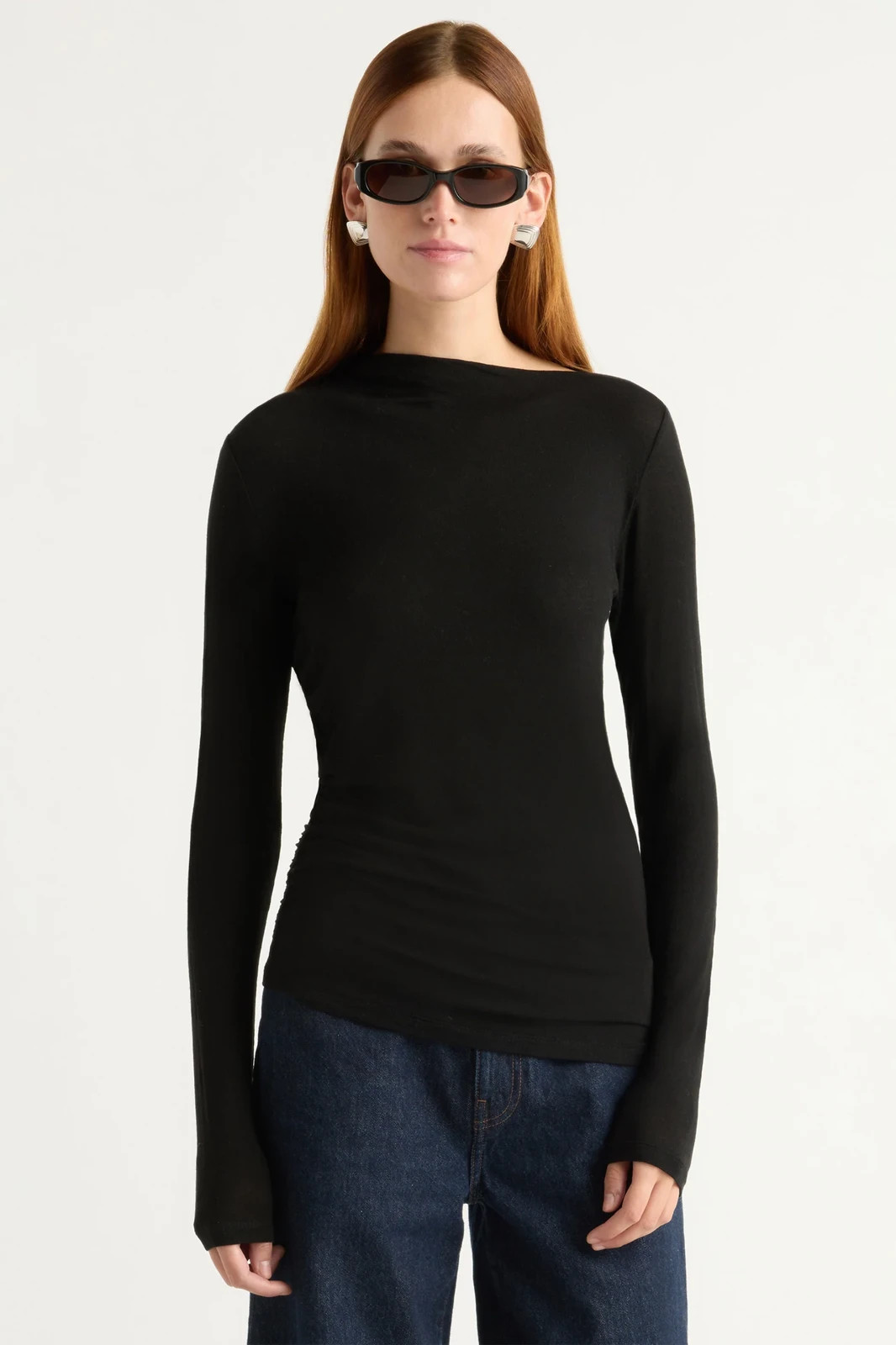 Modern Citizen Vittoria Asymmetric Neck Ruched Tee Black Long Sleeve Large