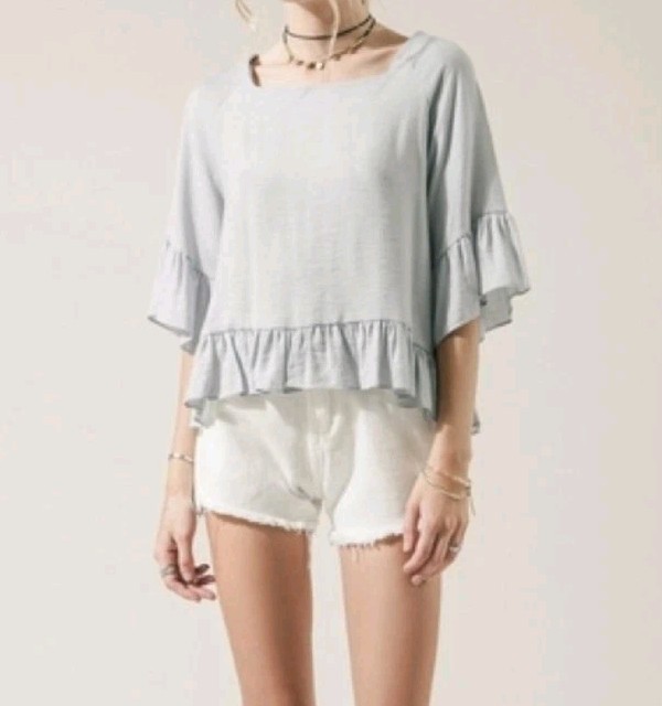 Moon River Anthropologie Blue Ruffle Boho Peasant Blouse 3/4 Flare Sleeves Small