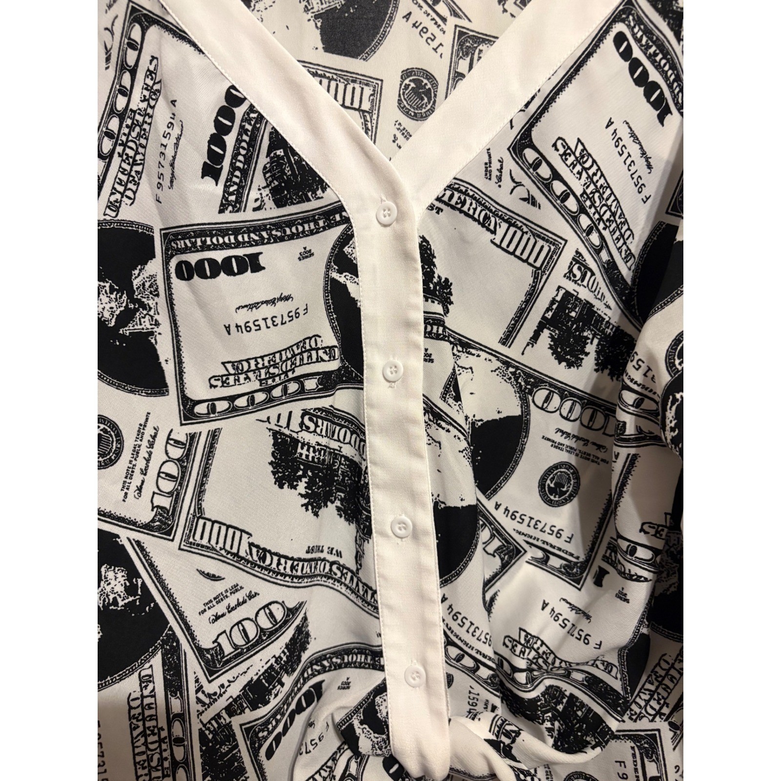 Fashion Nova Womens XS Money Print Front Button Down Blouse Black White $1000