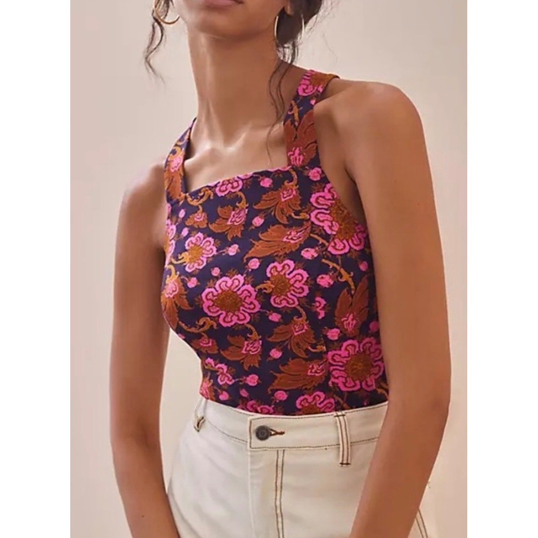 Anthropologie Porridge Floral Crossback Tank Top Pink Fuscia Rose xl boho