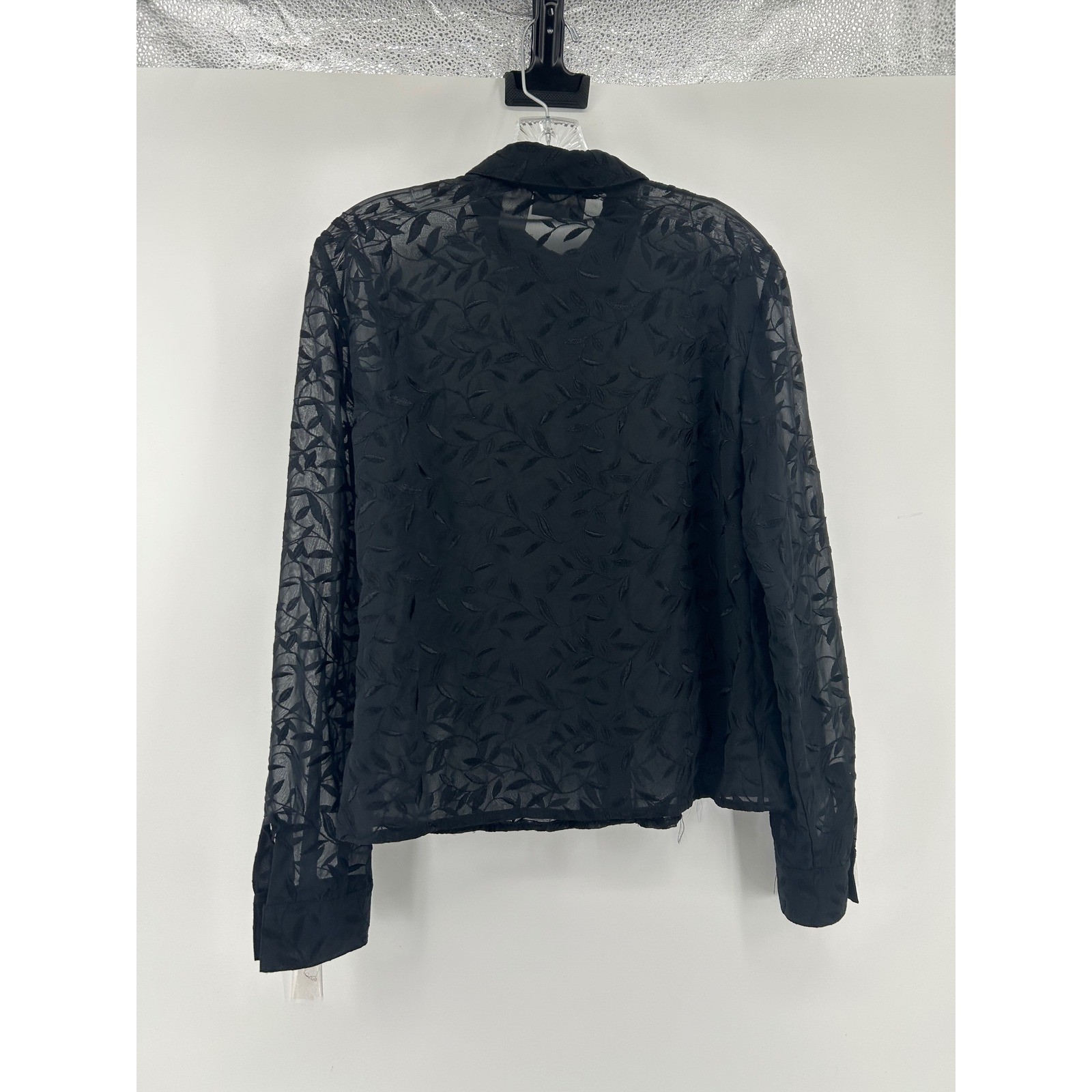 Preview Collection Black Sheer Leaf Embroidered Button Down Blouse Top Womens M