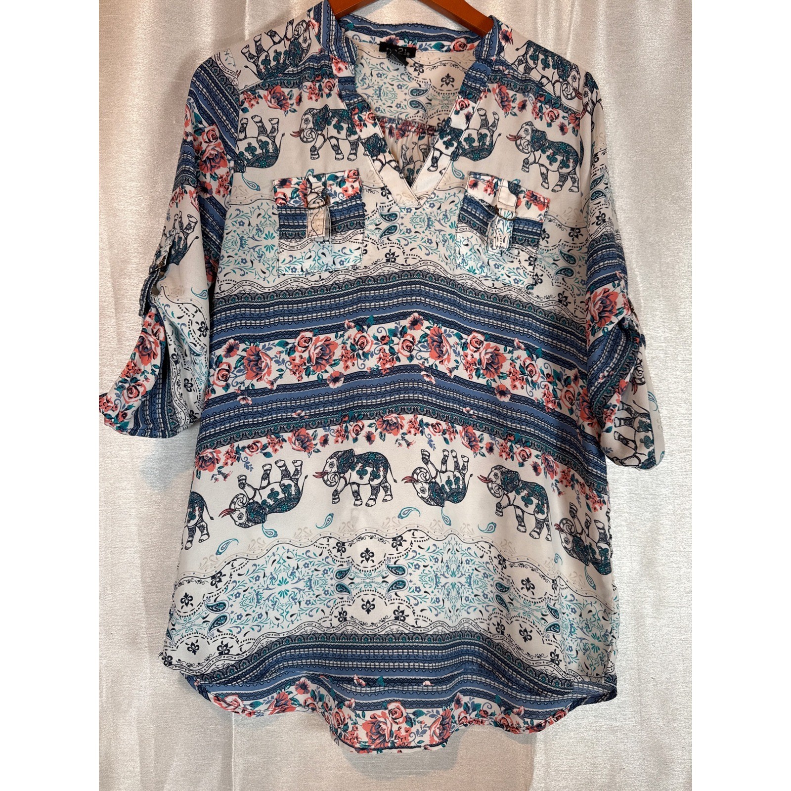 Rue 21 Elephant Print Blouse Womens Medium Roll Tab Sleeve Top