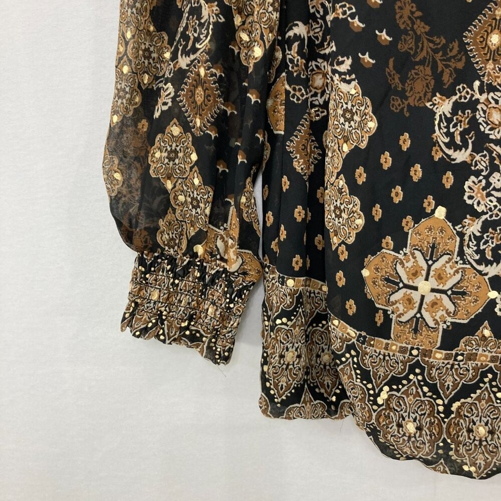 New Roz & Ali size 1X Black Gold Pleated Metallic Boho Print Blouse Romantic