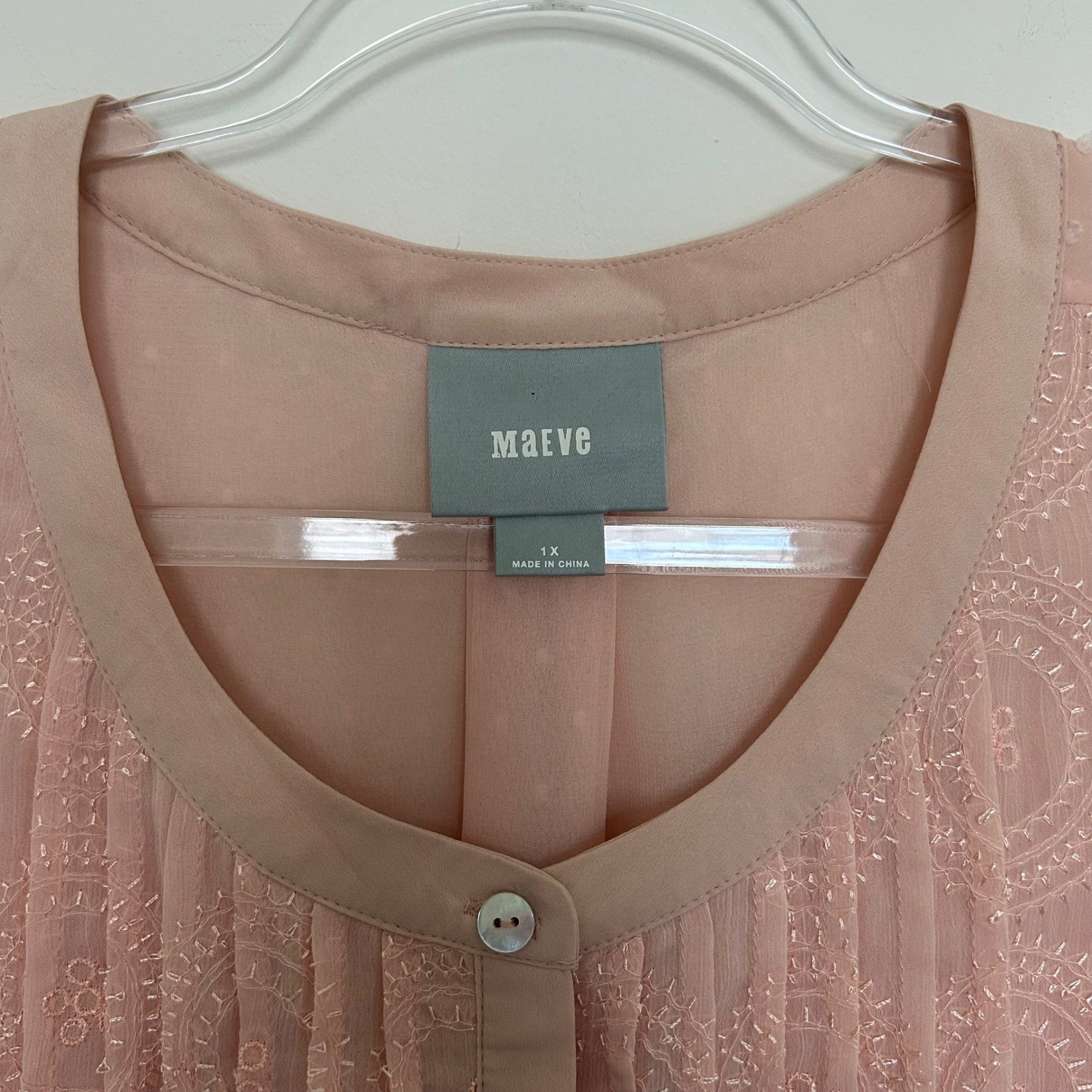 Maeve Blouse Peach Pink 1X Swiss Dot Pintuck Cap Sleeve Anthropologie