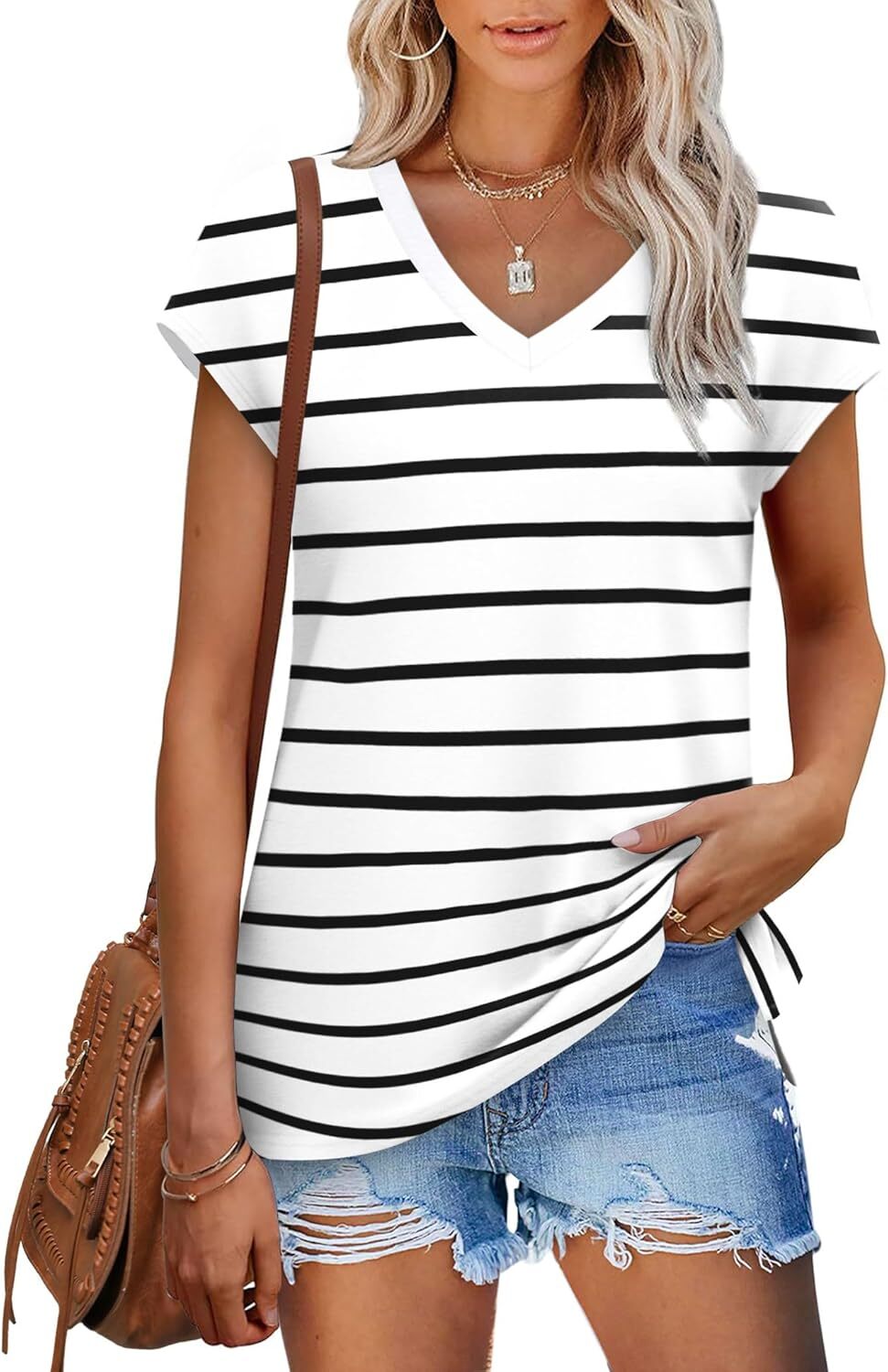 Women’s V Neck Summer T Shirt Cap Sleeve Loose Fit Lightweight Casual Top