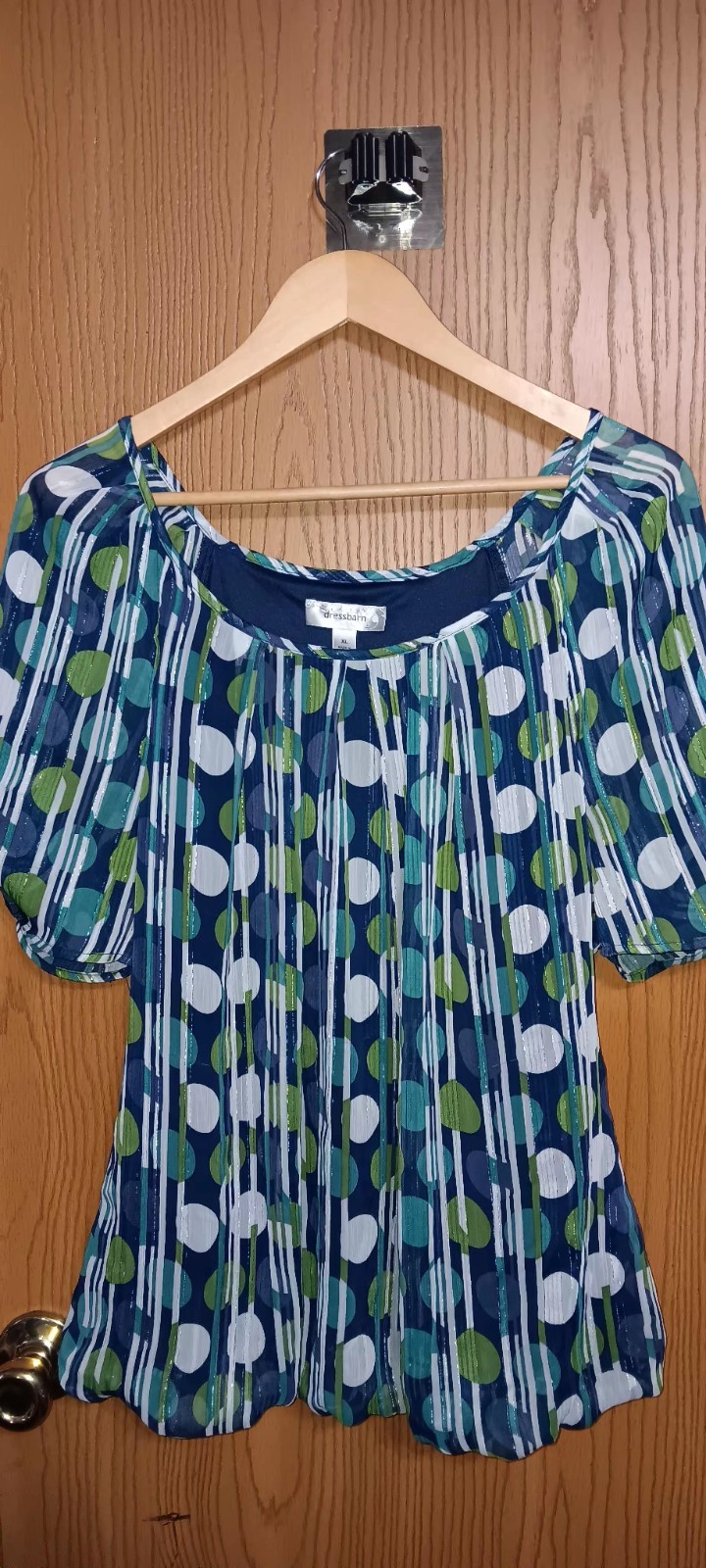 Dressbarn Blouse Womens Short Sleeve Size XL Flowy Multicolor Poka Dots Shiny