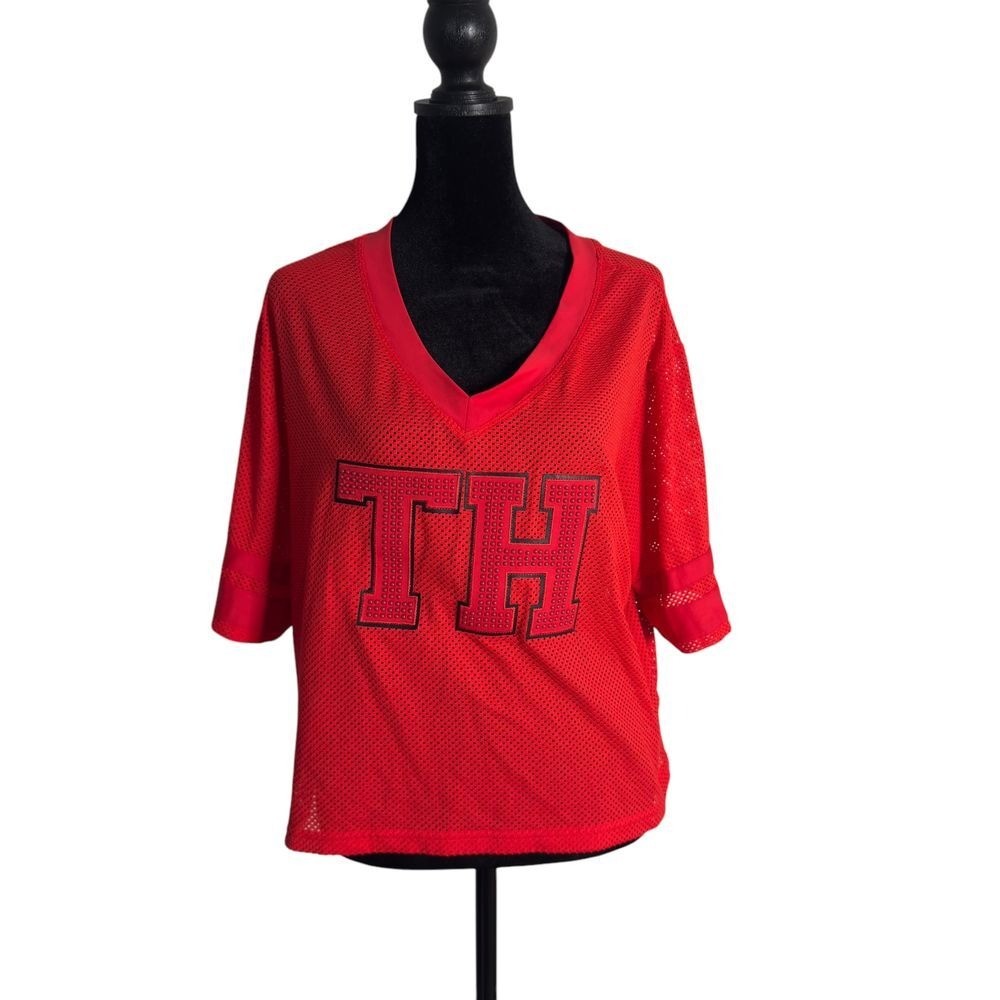 Tommy Hilfiger Sport Mesh Red See Through Top Studs Sporty Streetwear Womens M