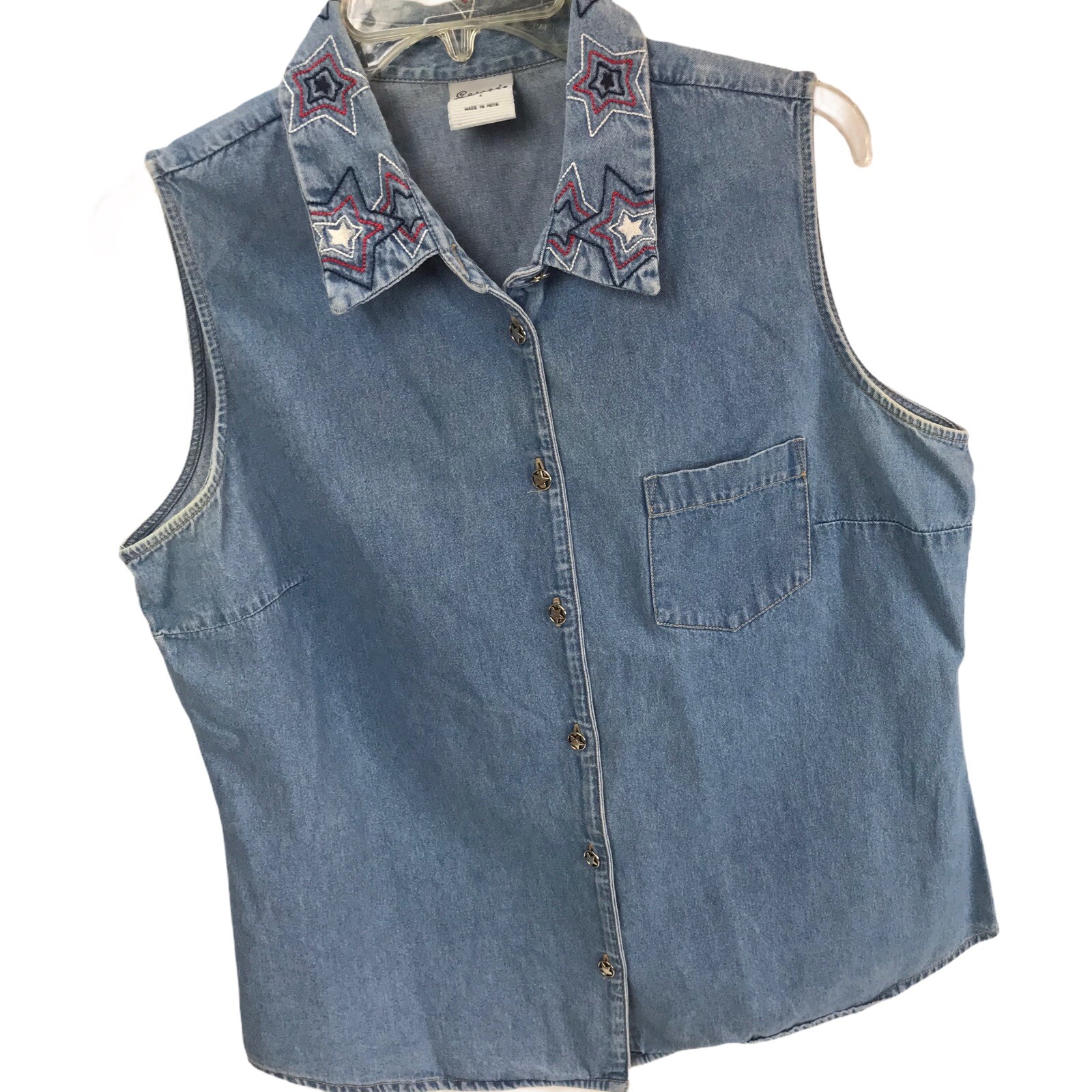 Vtg Top Cascade Blues Sleeveless Denim Shirt Patriotic Grunge L embroidered star