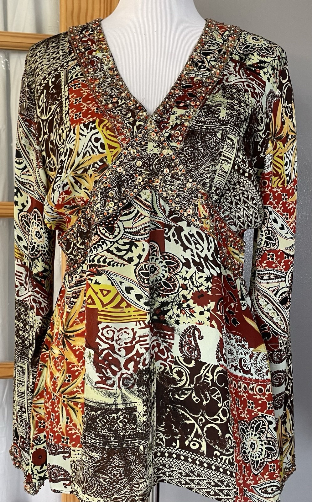Vtg ICE Beaded Silk Peplum Blouse Women’s L Filigreee Brown Boho Whimsy Classic