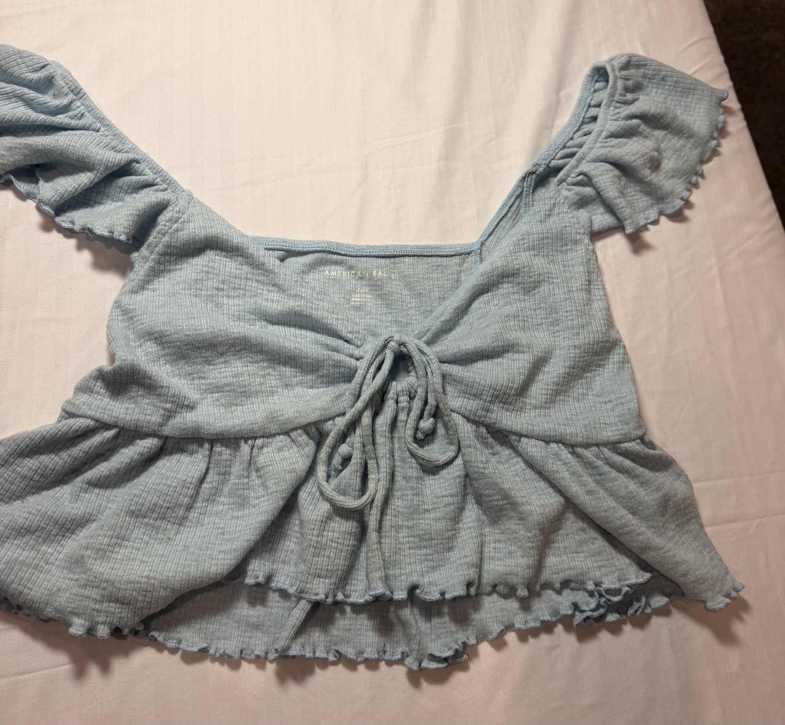 American Eagle Ribbed Flutter Sleeve Tie-Front Crop Top