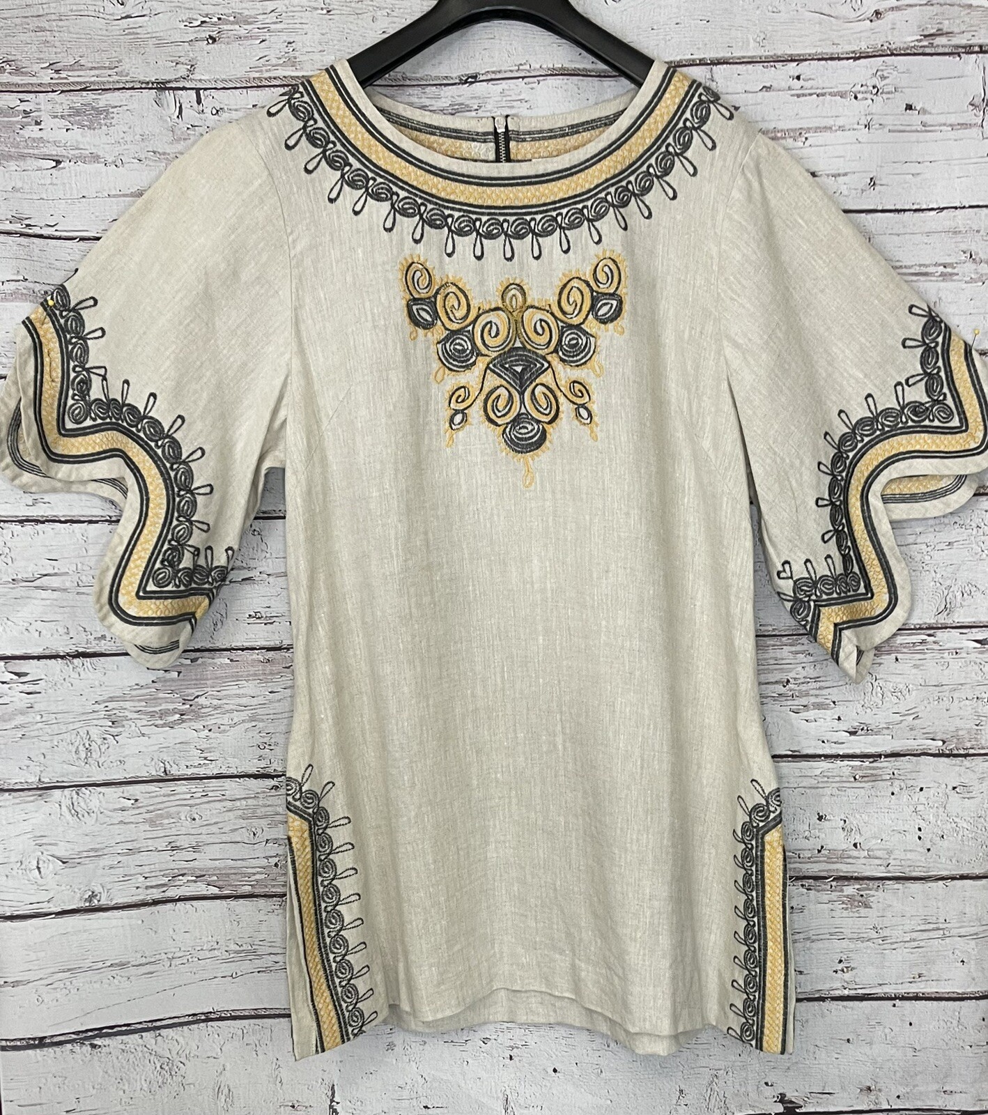 IVY JANE Small Embroidered LINEN Tunic Top Floral Boho Oatmeal Gray Yellow S