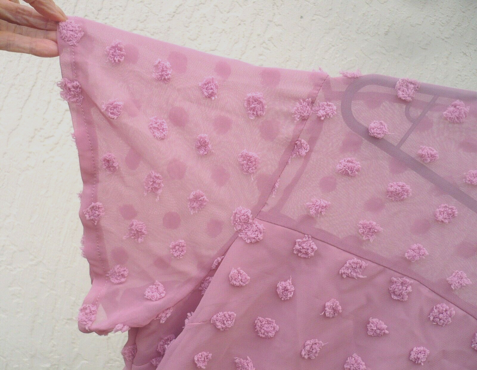 CHENILLE EASTER XL L SOLID MAUVE PINK SHEER LINED HIGH NECK LACE BLOUSE WOMEN