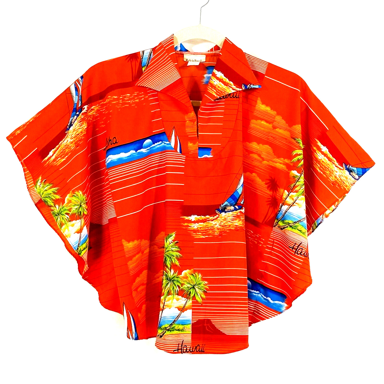Vintage Made in Hawaii Poncho Circle Top Red Aloha Diamond Head One Size 1970s
