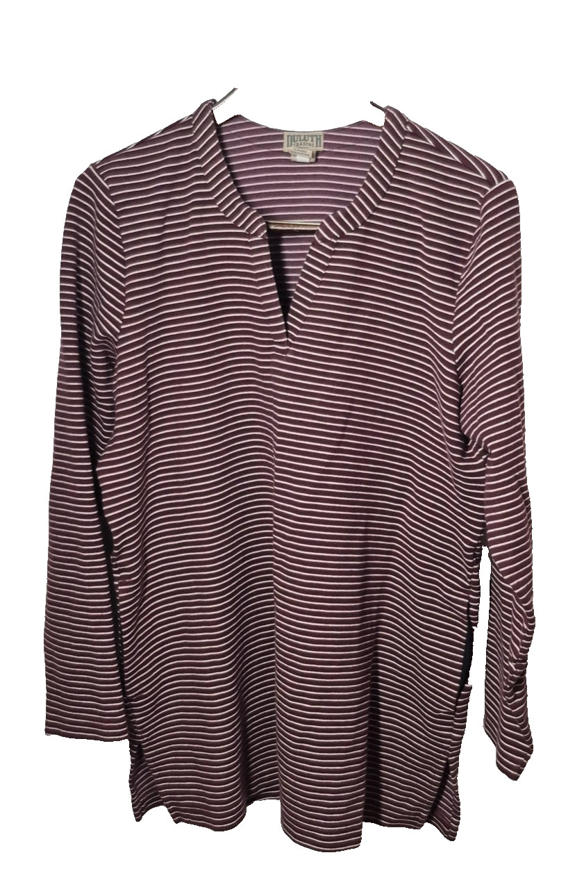 Duluth Trading Co Shirt Womens Large Burgundy Striped Split Neck Long Sleeve