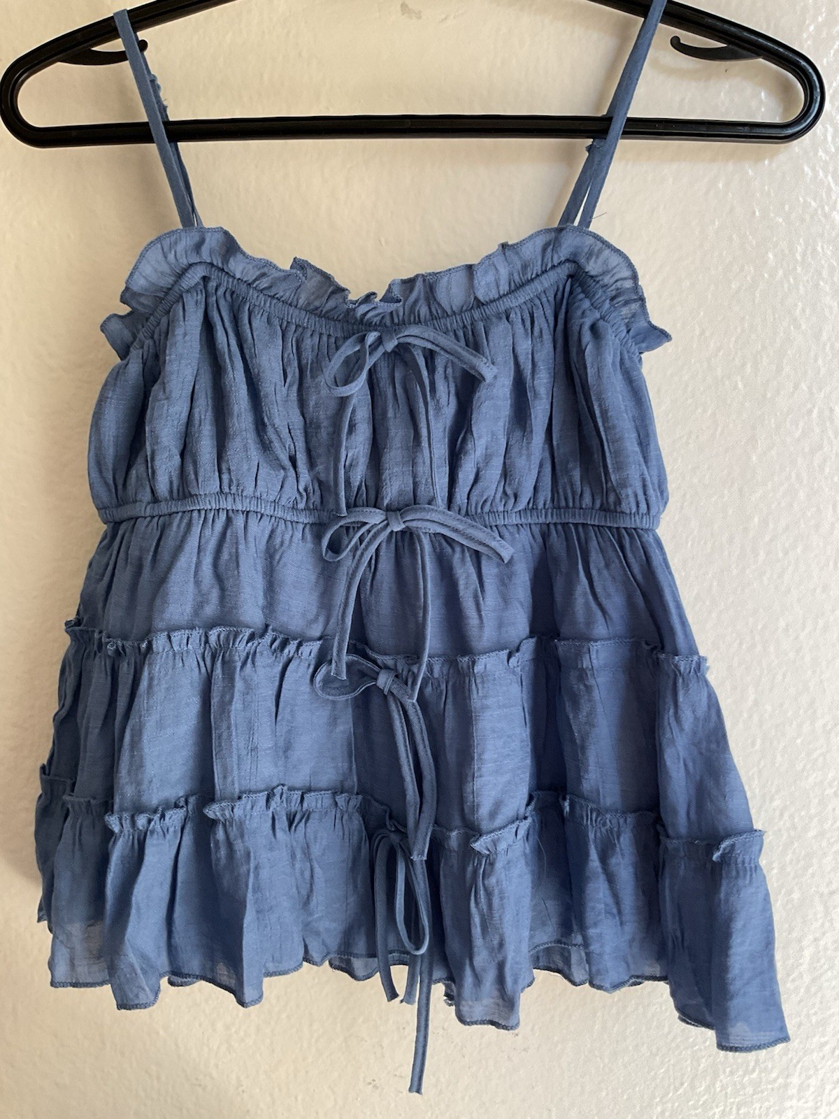 Thirty Thirty LA Blue Solid Square Neck Ruffle Tie Camisole Tank, Adjustable, S
