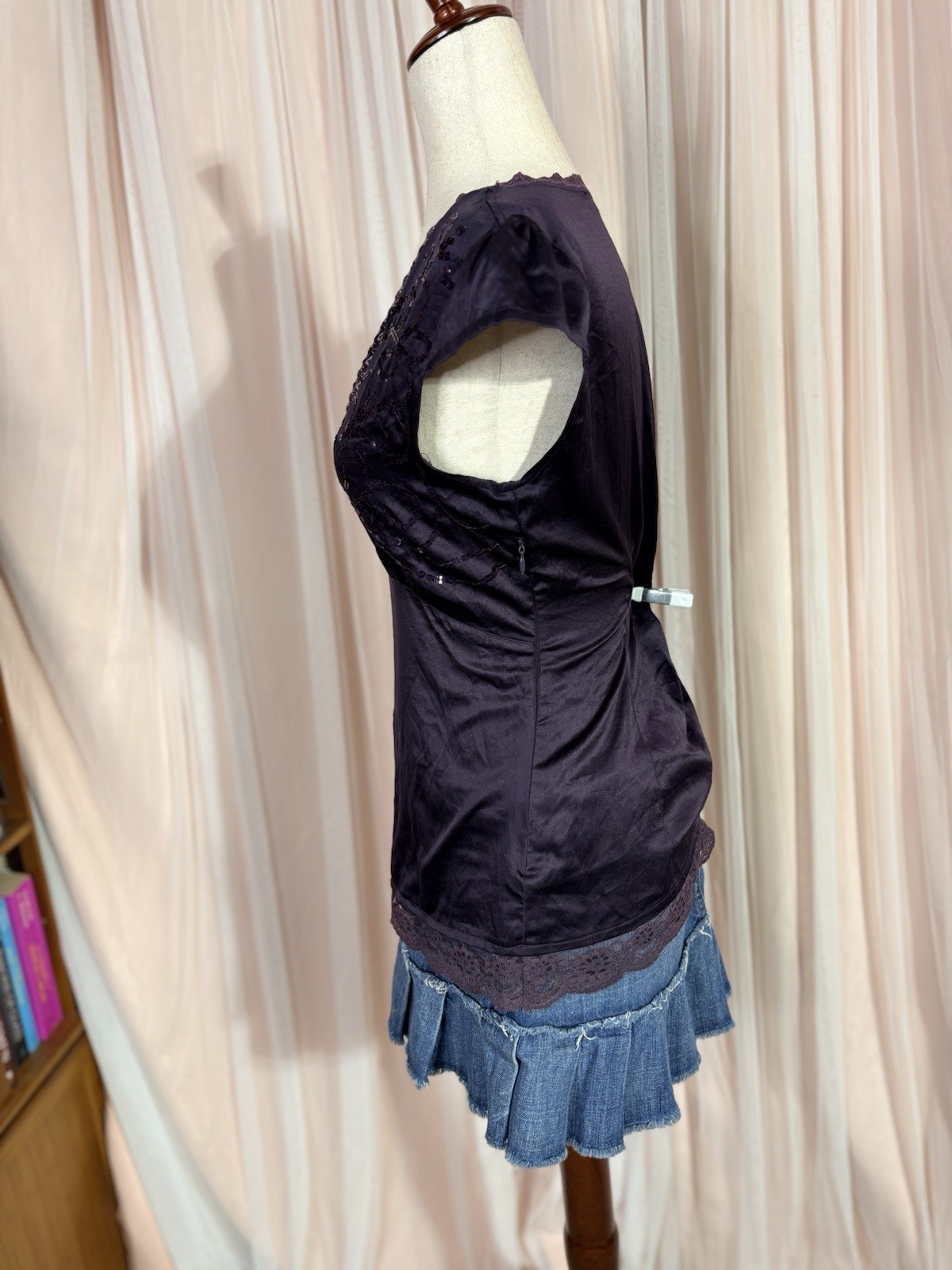 Vero Moda Purple Satin Sequin Lace Top Medium Y2K Deep V Neck Whimsigoth