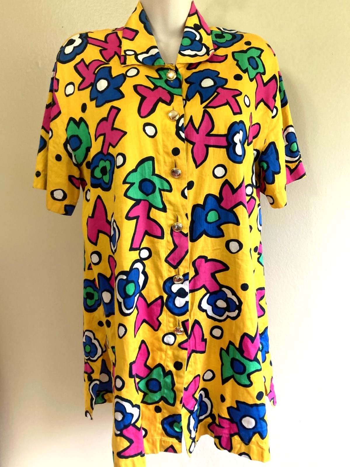 Escada Vintage 80s Shirt 38 M Yellow SS Cotton Button Up Haring Inspired Art Hoe