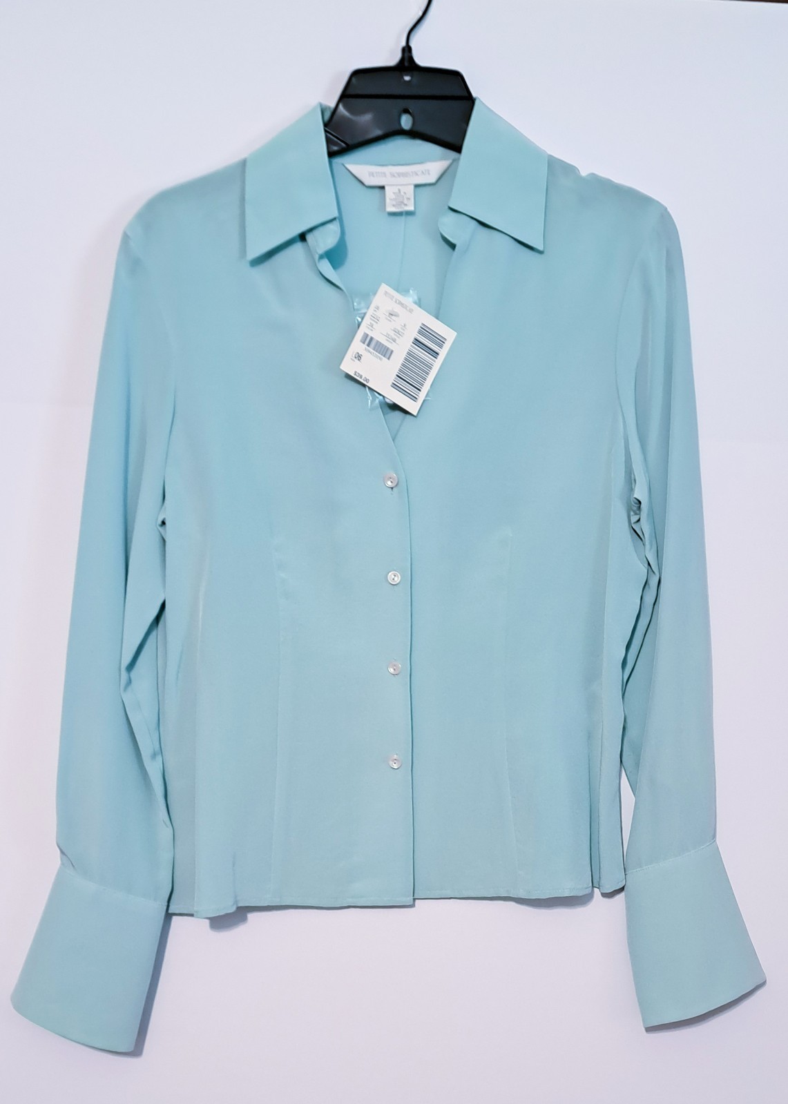 NWT Petite Sophisticate 100% Silk Aqua Blouse Women’s Petite 6 Button Front
