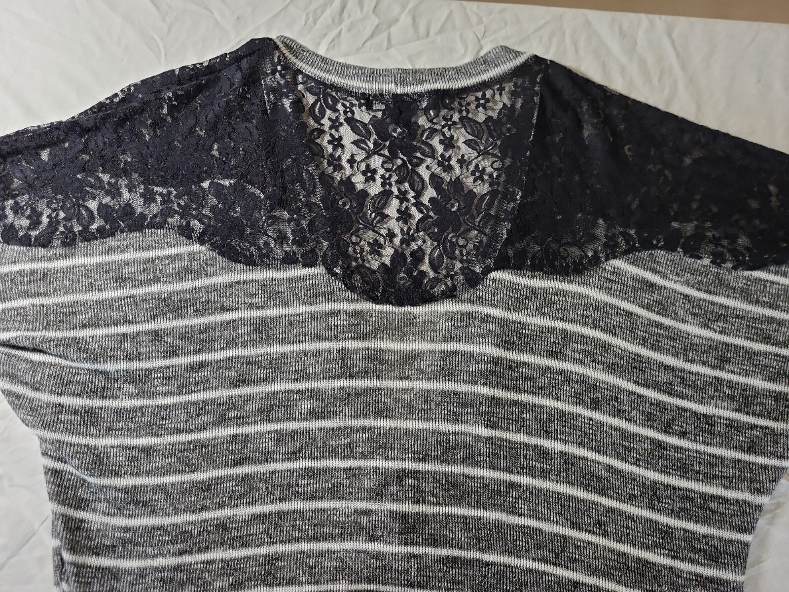 Living Doll Los Angeles XL Woman’s Black Lace w/Gray-White striped Button Srug