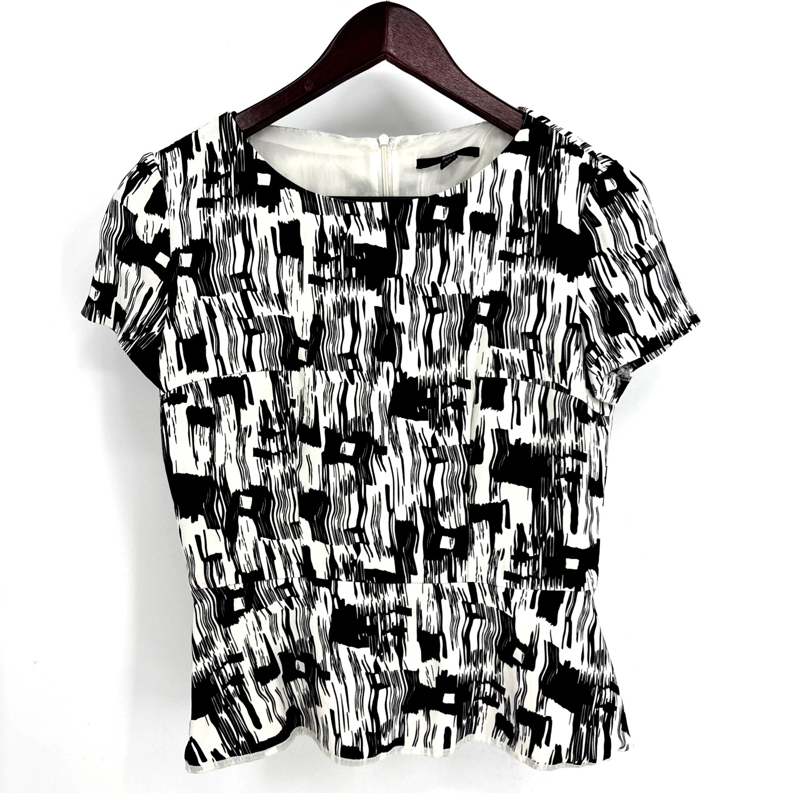 BOSS Hugo Boss Shirt Womens Black White Abstract Short Sleeve Peplum Zip Back 4