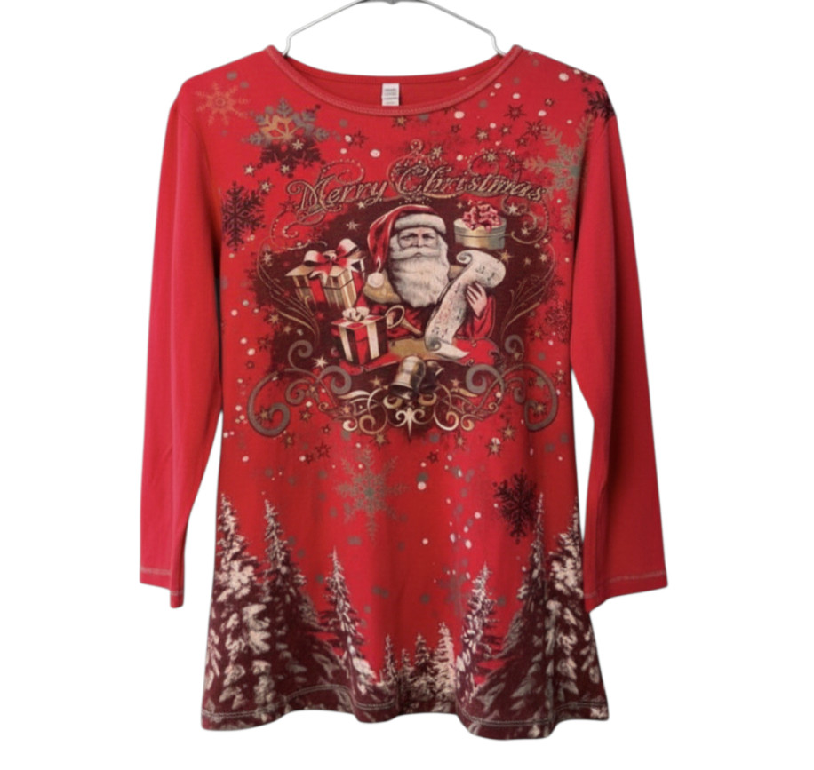 NEW DIRECTIONS Red Knit Top Shirt OLD WORLD SANTA CLAUS Christmas w/Sparkles XL