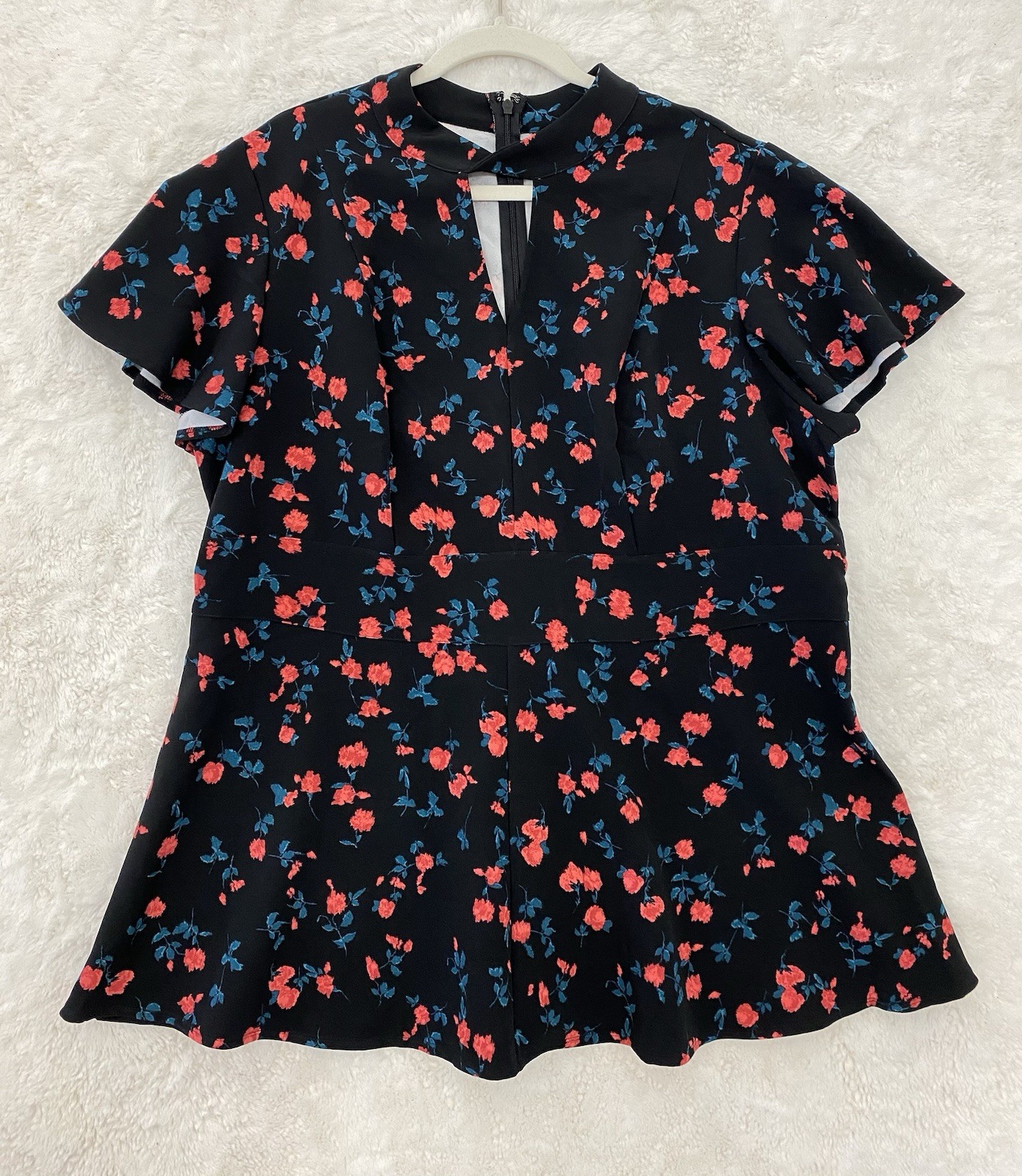 Womens Floral Flutter Sleeve Twisted Keyhole Neck Tunic Top Size 18 Stretch