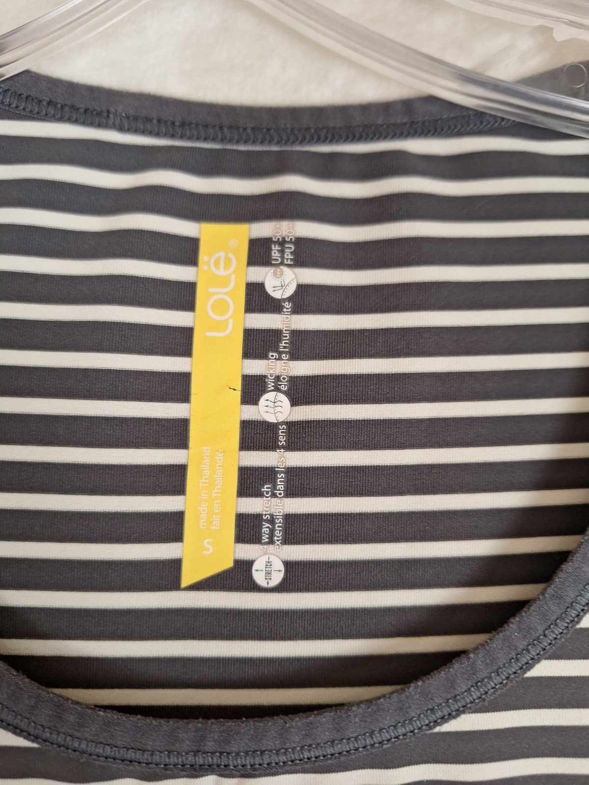 Lole Women’s Small Shirt Gray White Stripe Stretch Athletic Pocket UPF Wicking