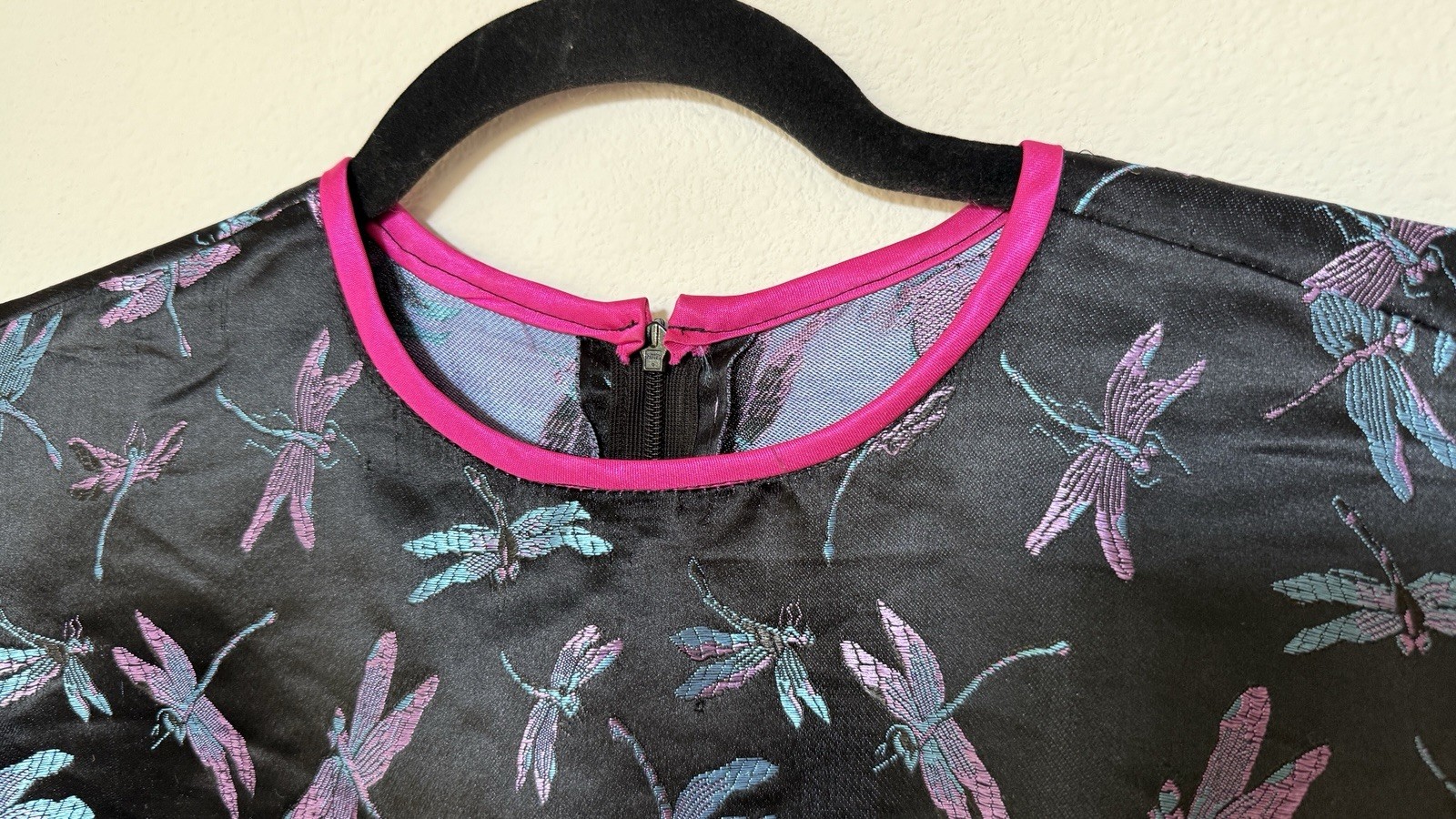 Vintage Asian Style Satin Tunic Dragonfly Print Black Side Slit Top Women S