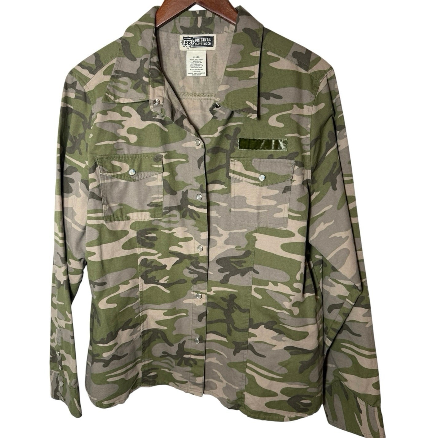 Y2K Route 66 XL Green Camo Cotton Snap Button Shacket Shirt Jacket Streetwear