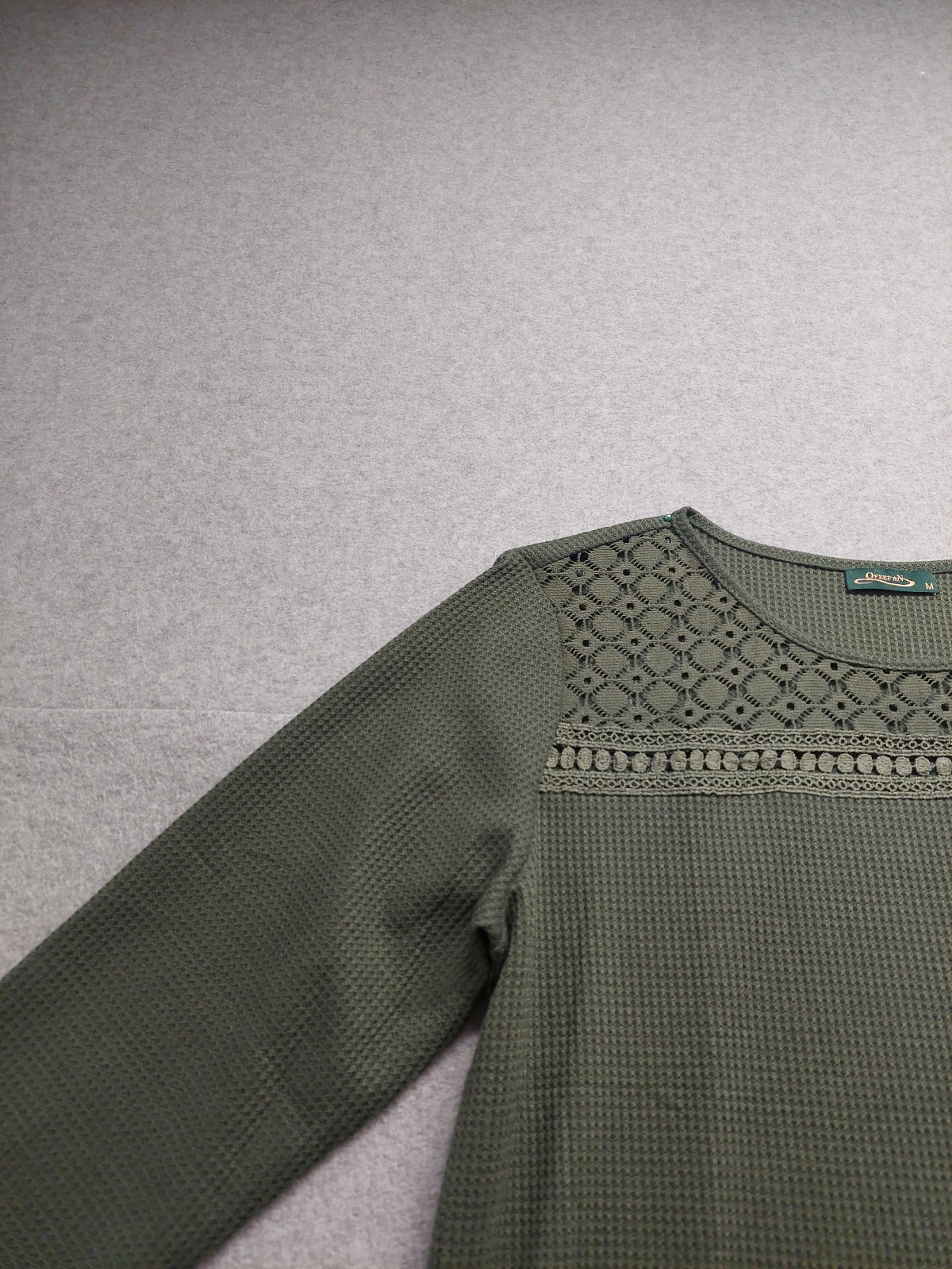 Ofeefan Women Top M Olive Green Crew Neck Pullover 3/4 Sleeve Stretch Casual