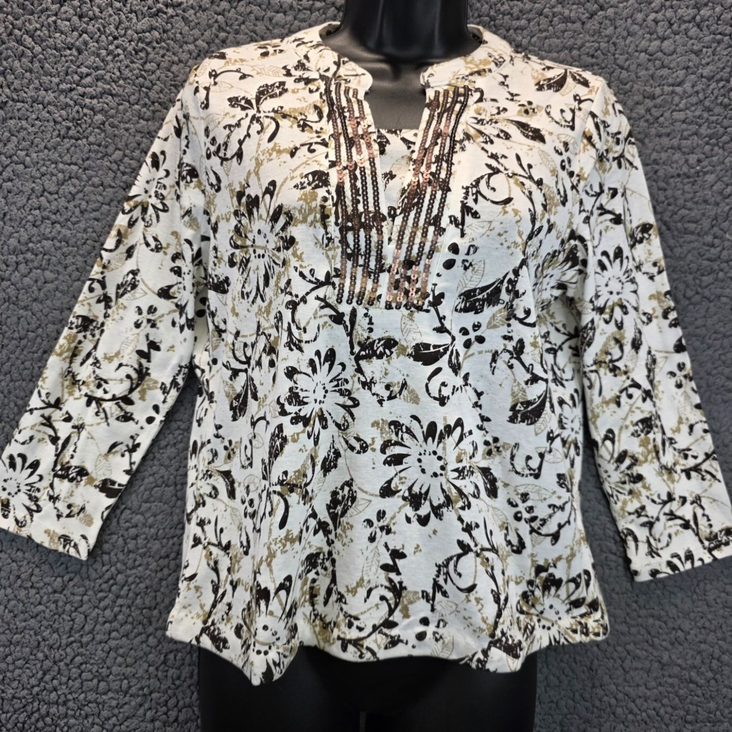 Hasting & Smith Floral Top PM White Brown Bronze Sequin Festival Sparkle