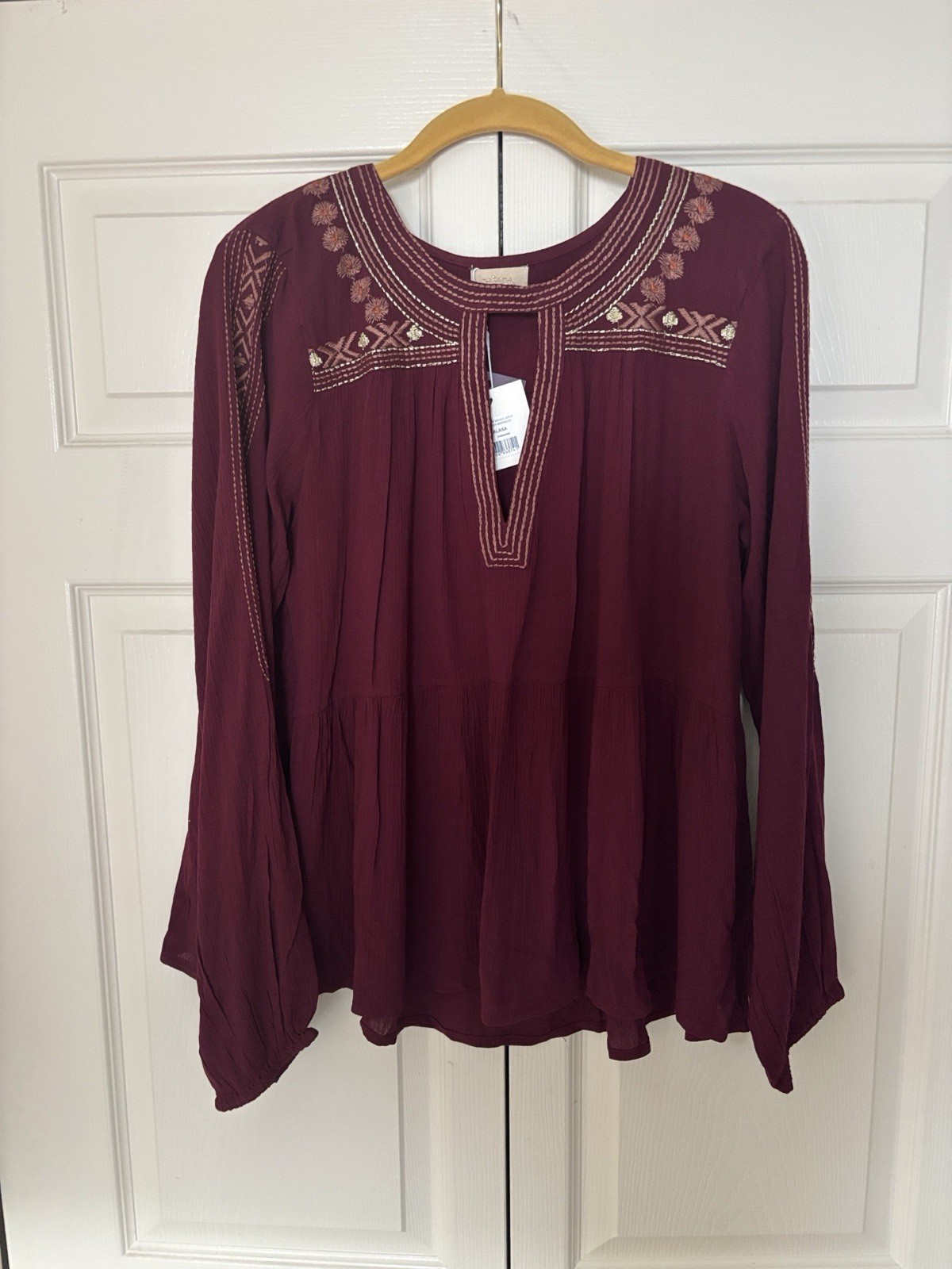 NKN/Nekane Embroidered Long-Sleeve Peasant Boho Top NWT Burgundy Small