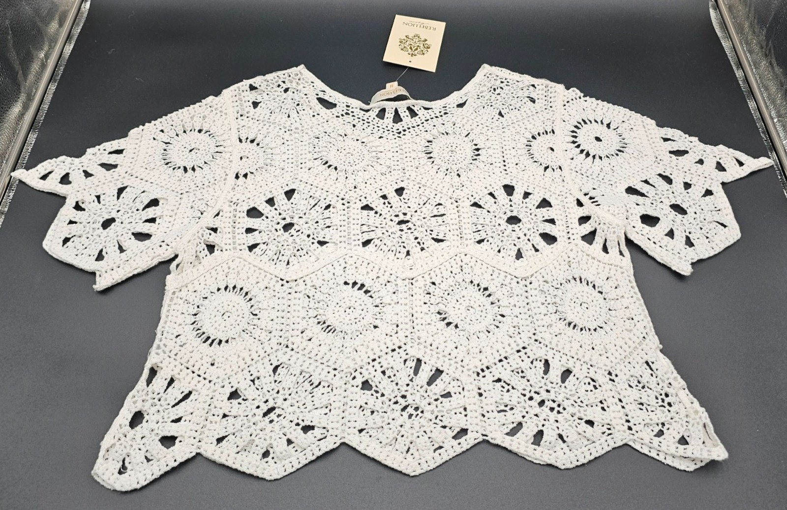 NWT Rebellion Again Crochet White Crop Top M Sheer Festival Whimsy Cottage Boho
