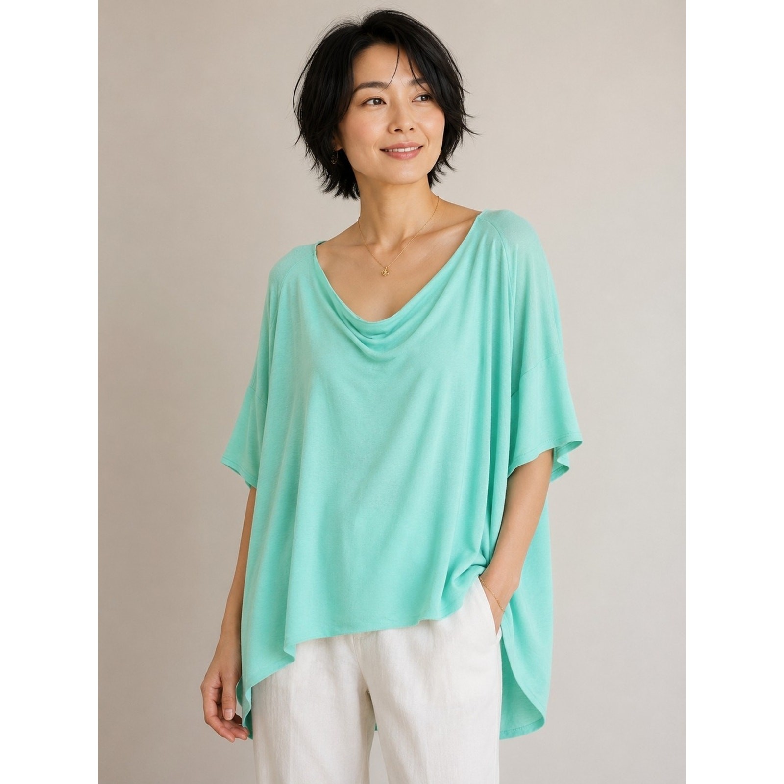 T79 Adora Casual Draped Dolman Sleeve Lightweight Relaxed Neckline Side Slits