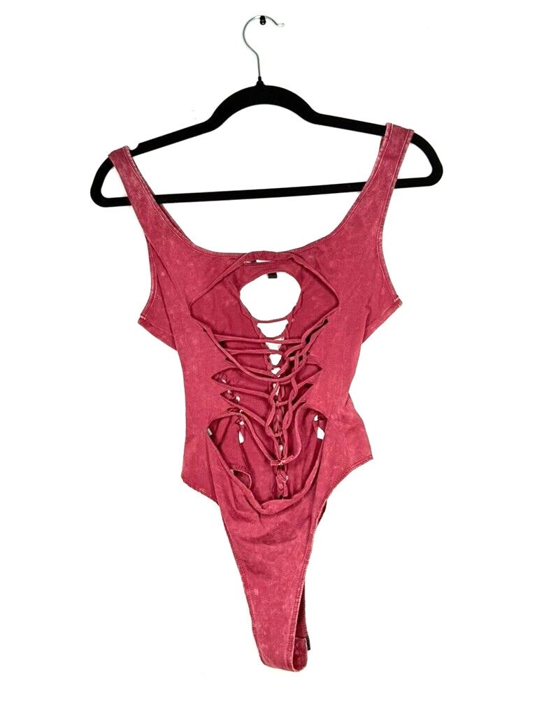 POSTER GIRL Burgundy Med Bodysuit Red Lace Up Bodycon Grunge Chic Y2K Party Club