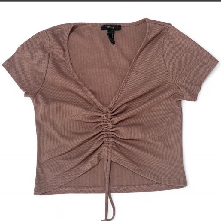 FOREVER 21 Women’s Brown V-Neck Short Sleeve Knit Ruched Drawstring Top M