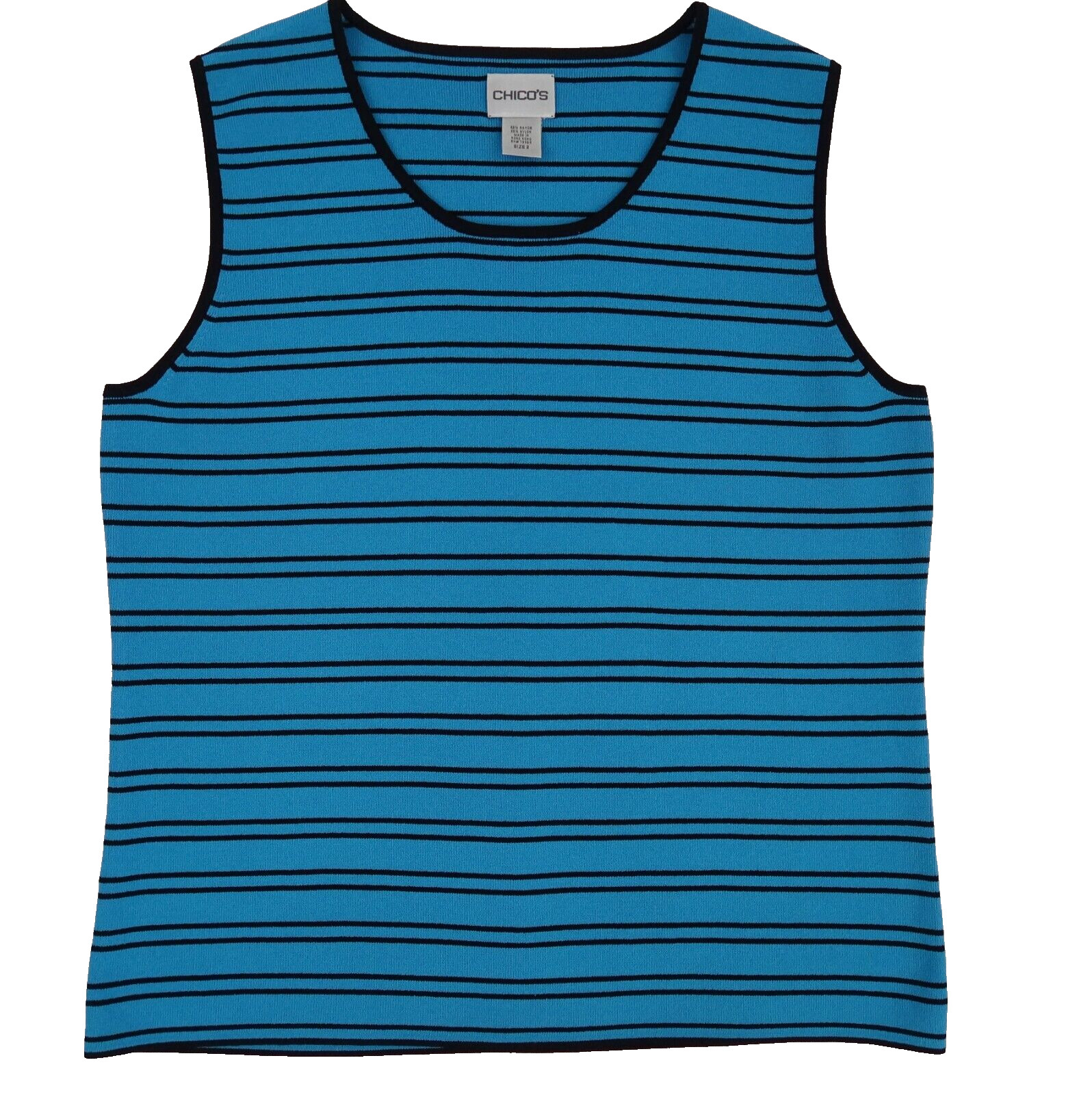 Chico’s Sleeveless Rayon Nylon Knit Tank Top Blue / Black Stripe Sz 2 LARGE / 12