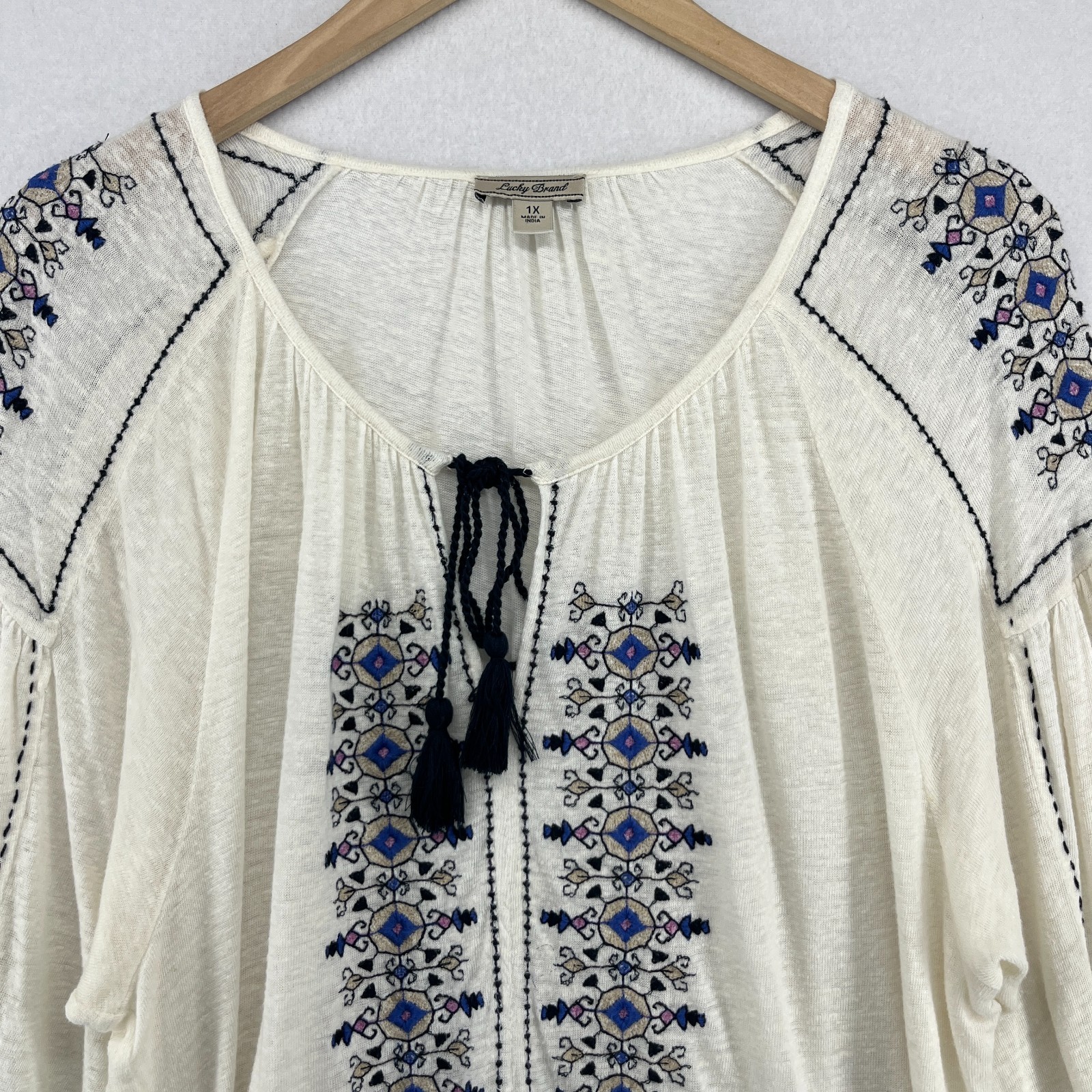 LUCKY BRAND Top 1X Plus Boho Peasant Tunic Tassel Tie Slub Linen Blend Off White